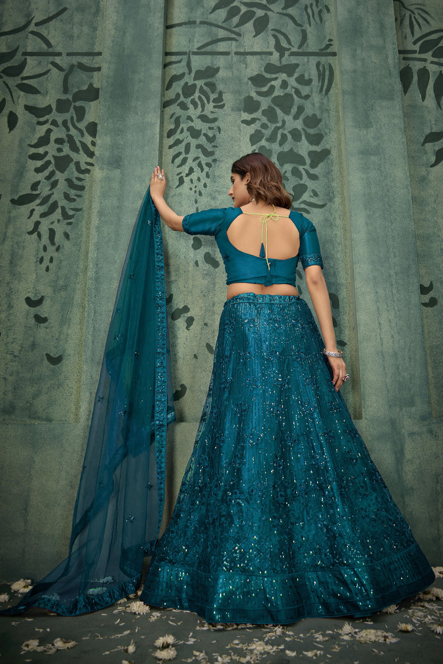 Dark Teal Net Lehenga Choli For Indian Festivals & Pakistani Weddings Dress - Thread Embroidery Work, Sequence Embroidery Work