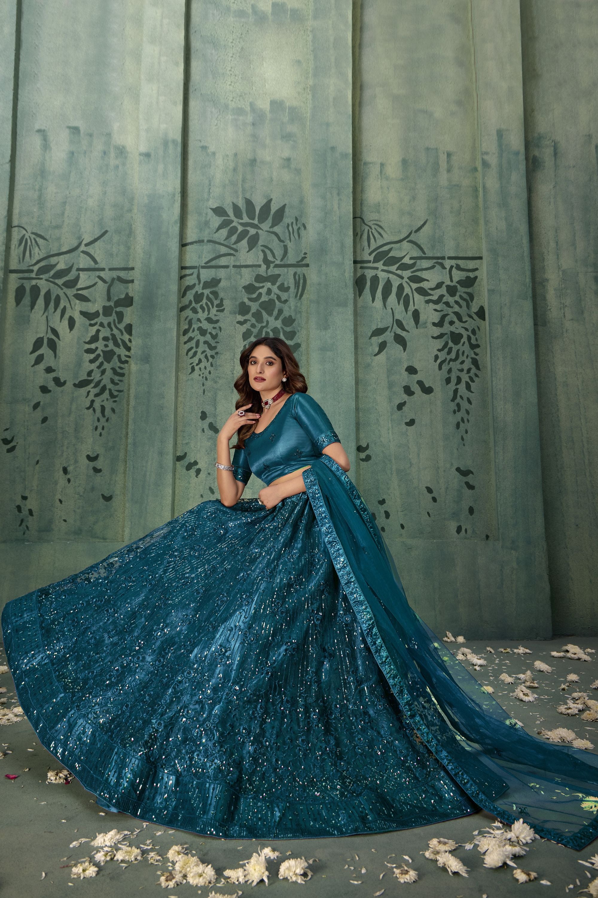 Dark Teal Net Lehenga Choli For Indian Festivals & Pakistani Weddings Dress - Thread Embroidery Work, Sequence Embroidery Work