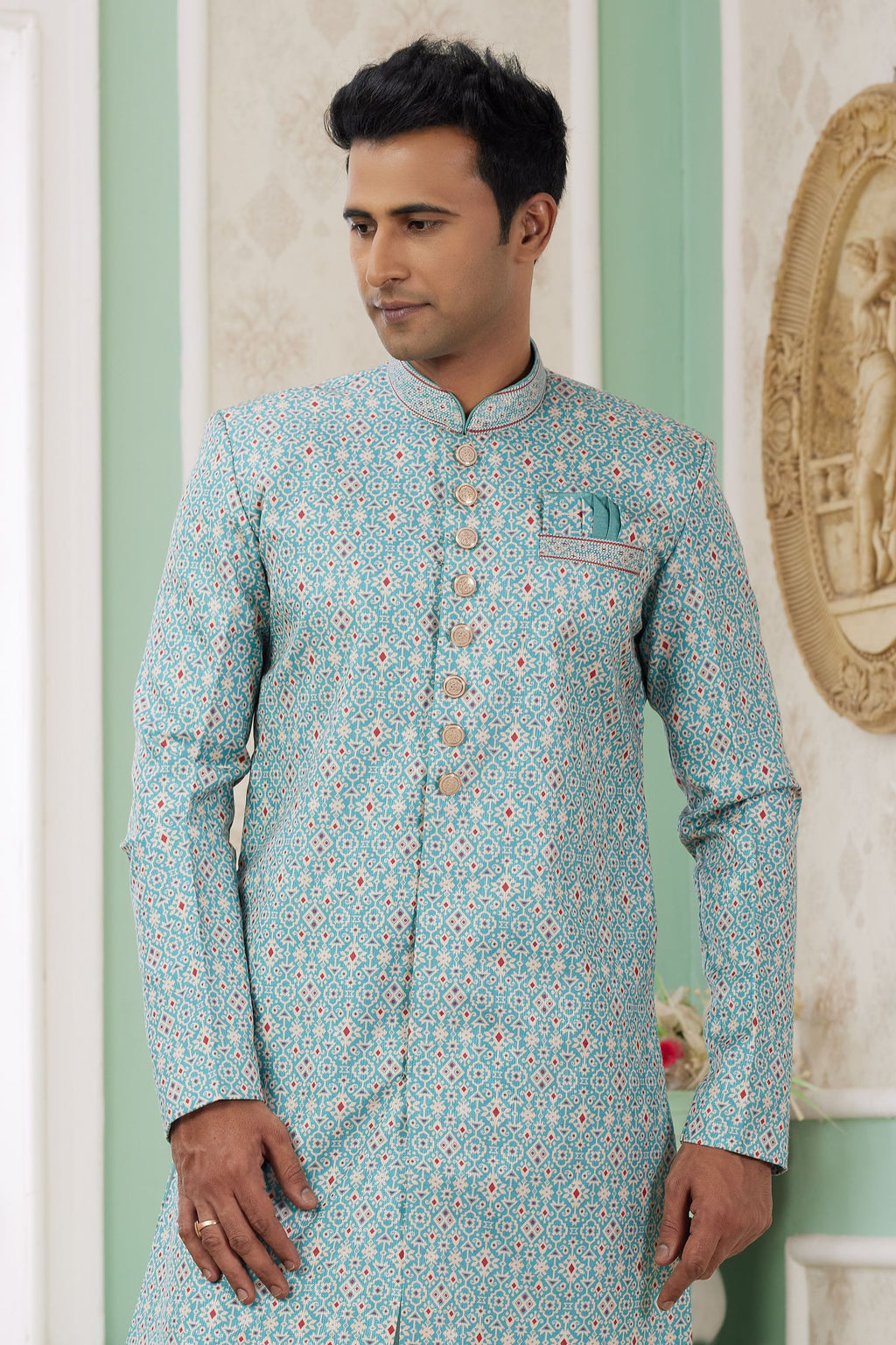 Dark Turquoise Jacquard Silk Gents Indo Western with Weave Work