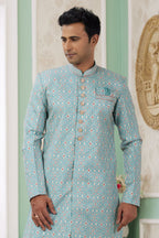 Dark Turquoise Jacquard Silk Gents Indo Western with Weave Work