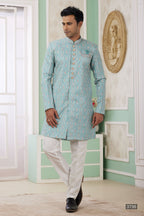 Dark Turquoise Jacquard Silk Gents Indo Western with Weave Work