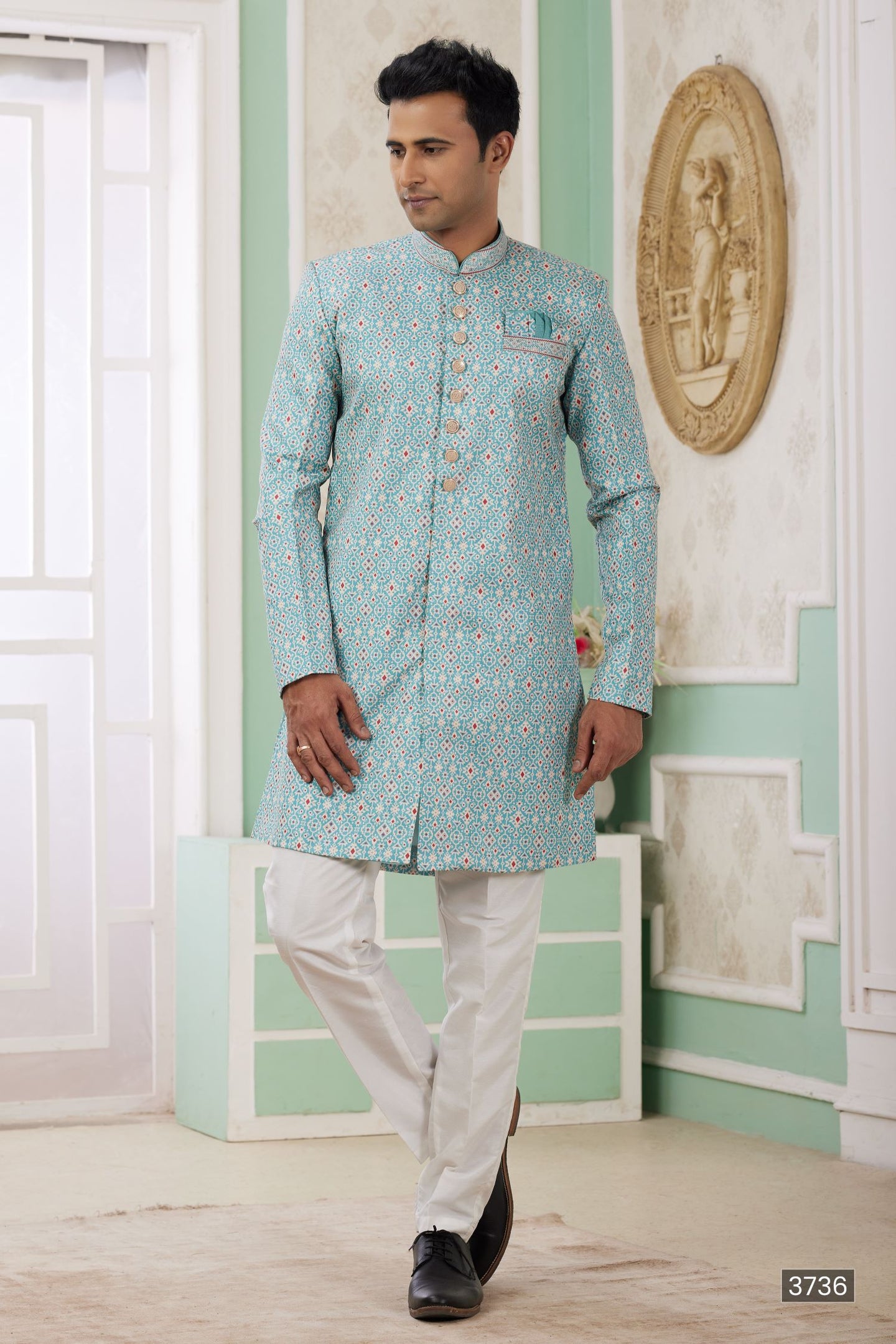 Dark Turquoise Jacquard Silk Gents Indo Western with Weave Work