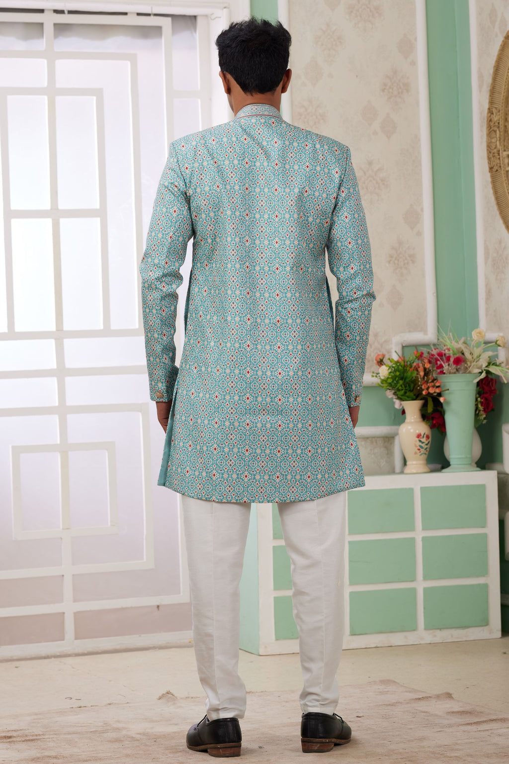 Dark Turquoise Jacquard Silk Gents Indo Western with Weave Work