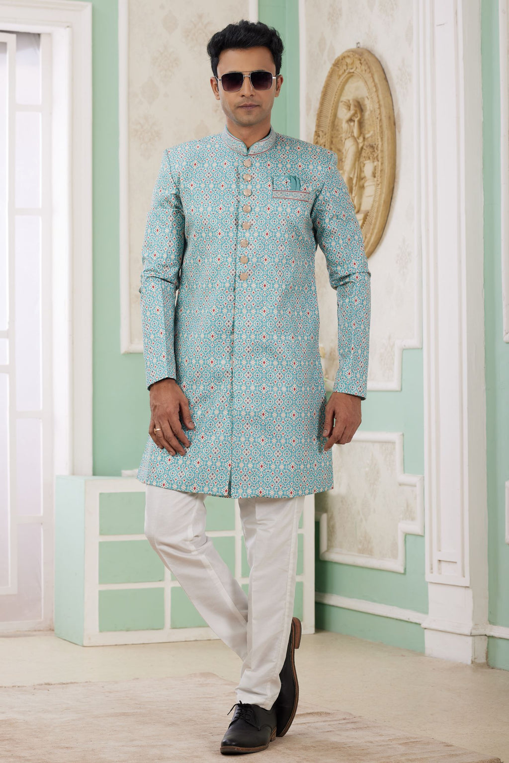 Dark Turquoise Jacquard Silk Gents Indo Western with Weave Work