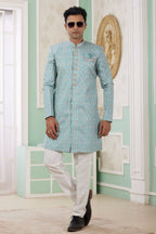 Dark Turquoise Jacquard Silk Gents Indo Western with Weave Work