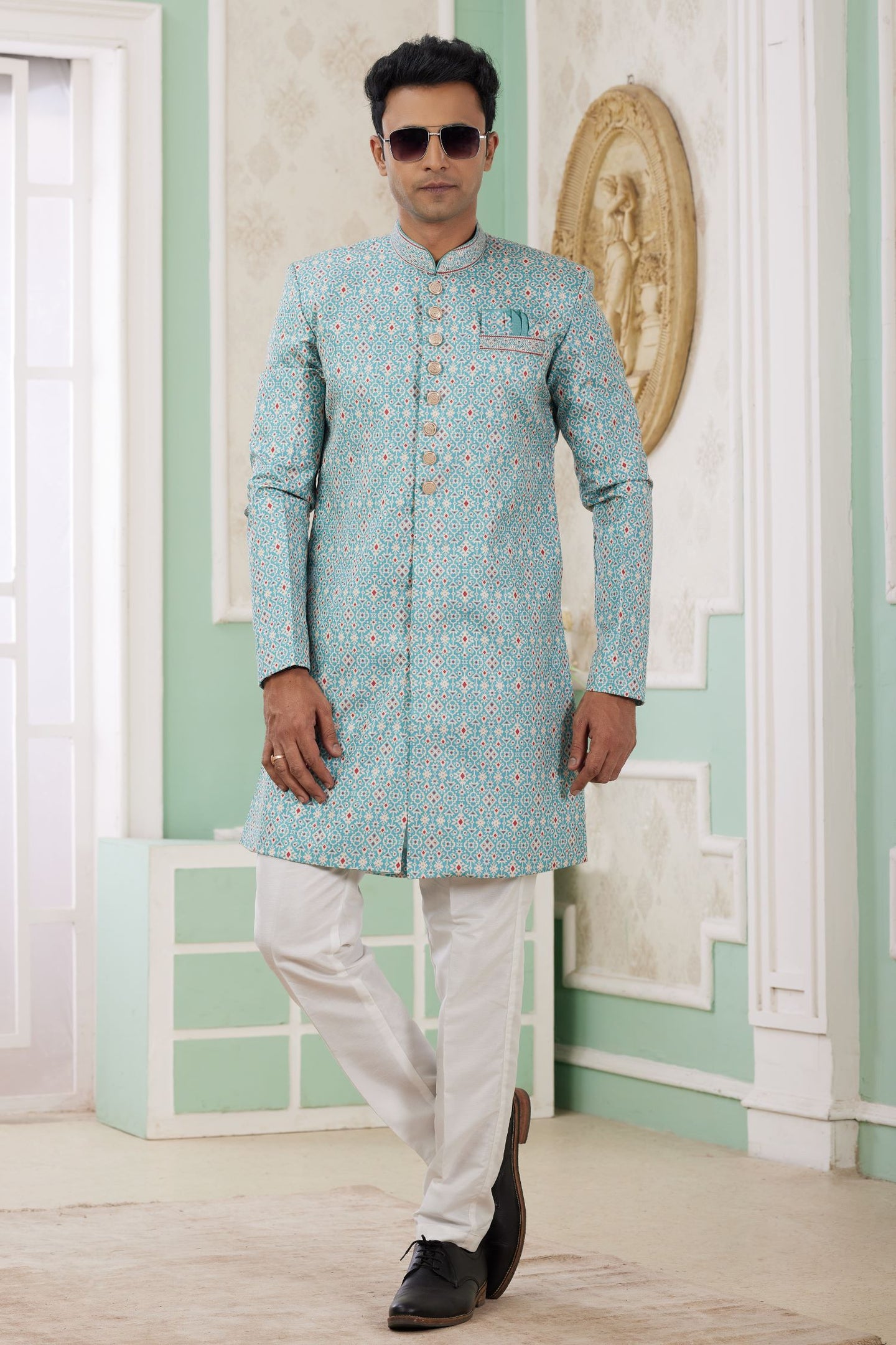 Dark Turquoise Jacquard Silk Gents Indo Western with Weave Work