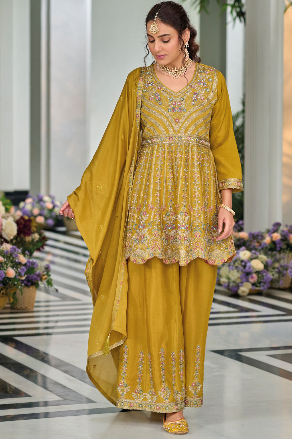 Dark Yellow Chinon Silk Kameez with Plazzo For Indian Suit Festivals & Pakistani Weddings - Embroidery Work