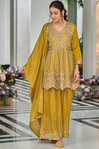 Dark Yellow Chinon Silk Kameez with Plazzo For Indian Suit Festivals & Pakistani Weddings - Embroidery Work