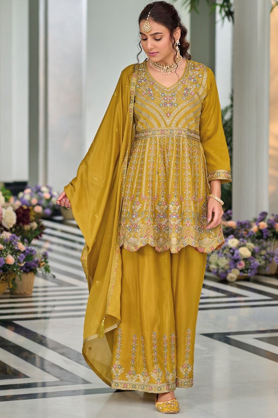 Dark Yellow Chinon Silk Kameez with Plazzo For Indian Suit Festivals & Pakistani Weddings - Embroidery Work