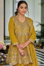 Dark Yellow Chinon Silk Kameez with Plazzo For Indian Suit Festivals & Pakistani Weddings - Embroidery Work