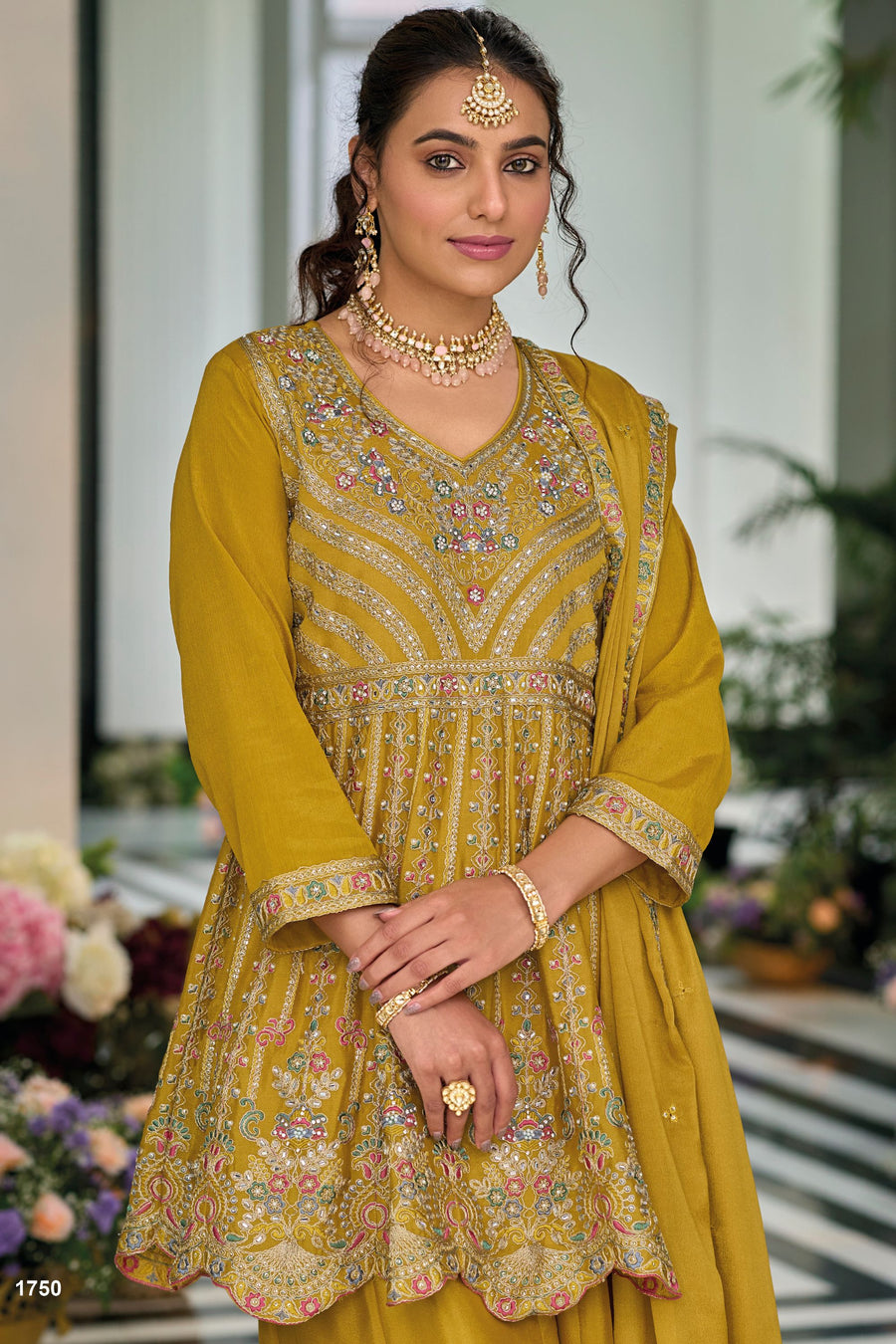 Dark Yellow Chinon Silk Kameez with Plazzo For Indian Suit Festivals & Pakistani Weddings - Embroidery Work