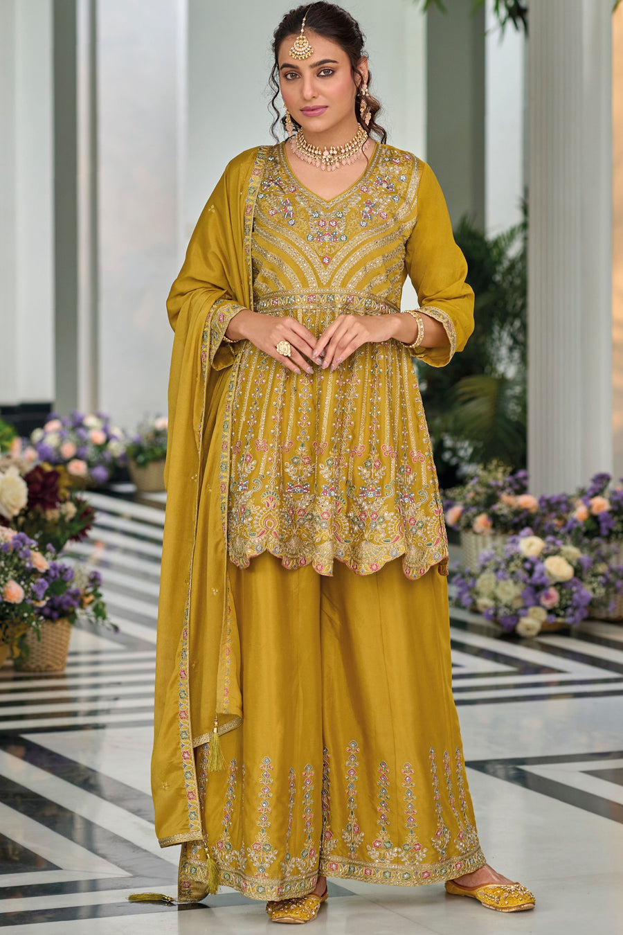 Dark Yellow Chinon Silk Kameez with Plazzo For Indian Suit Festivals & Pakistani Weddings - Embroidery Work