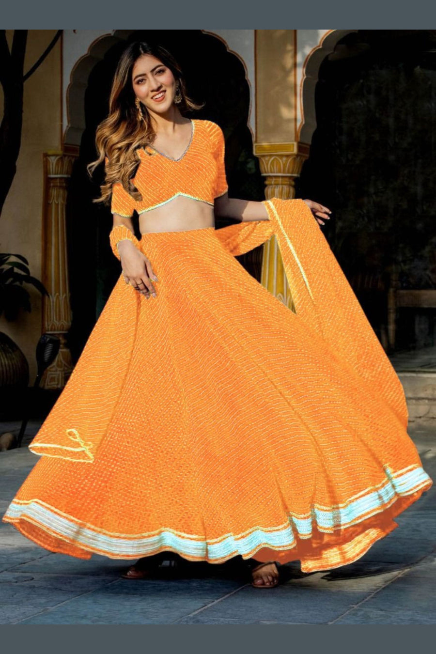 Dark Yellow Georgette Lehenga Choli For Indian Festivals & Pakistani Weddings Dress - Print Work