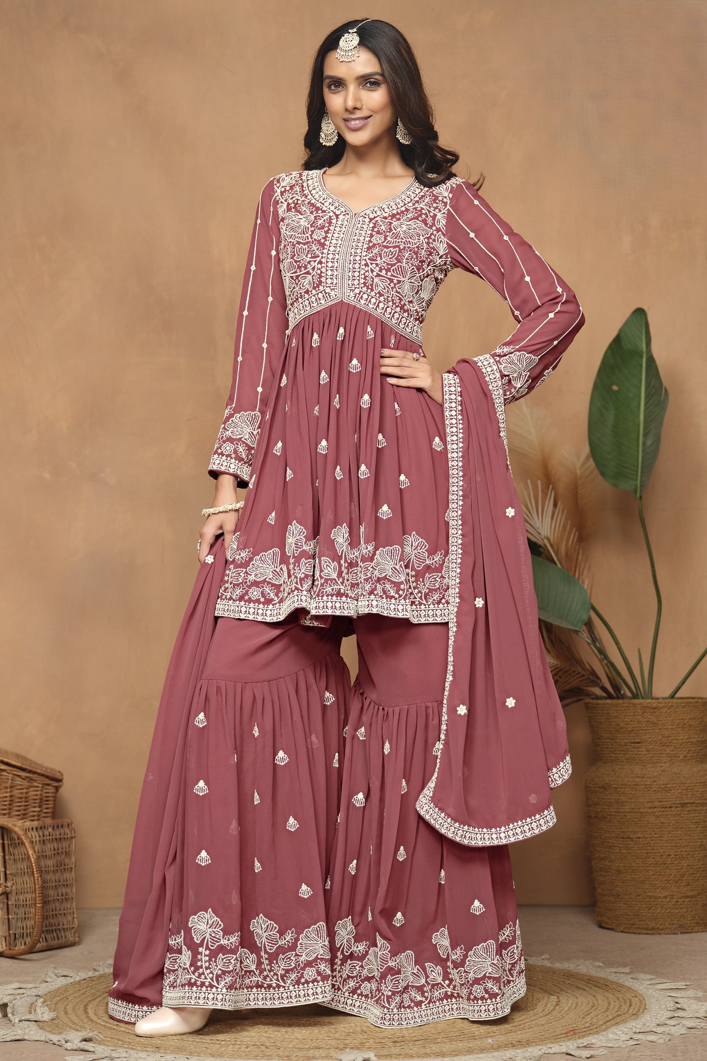 Dark Coral Georgette Light Sharara Suit with Thread Work