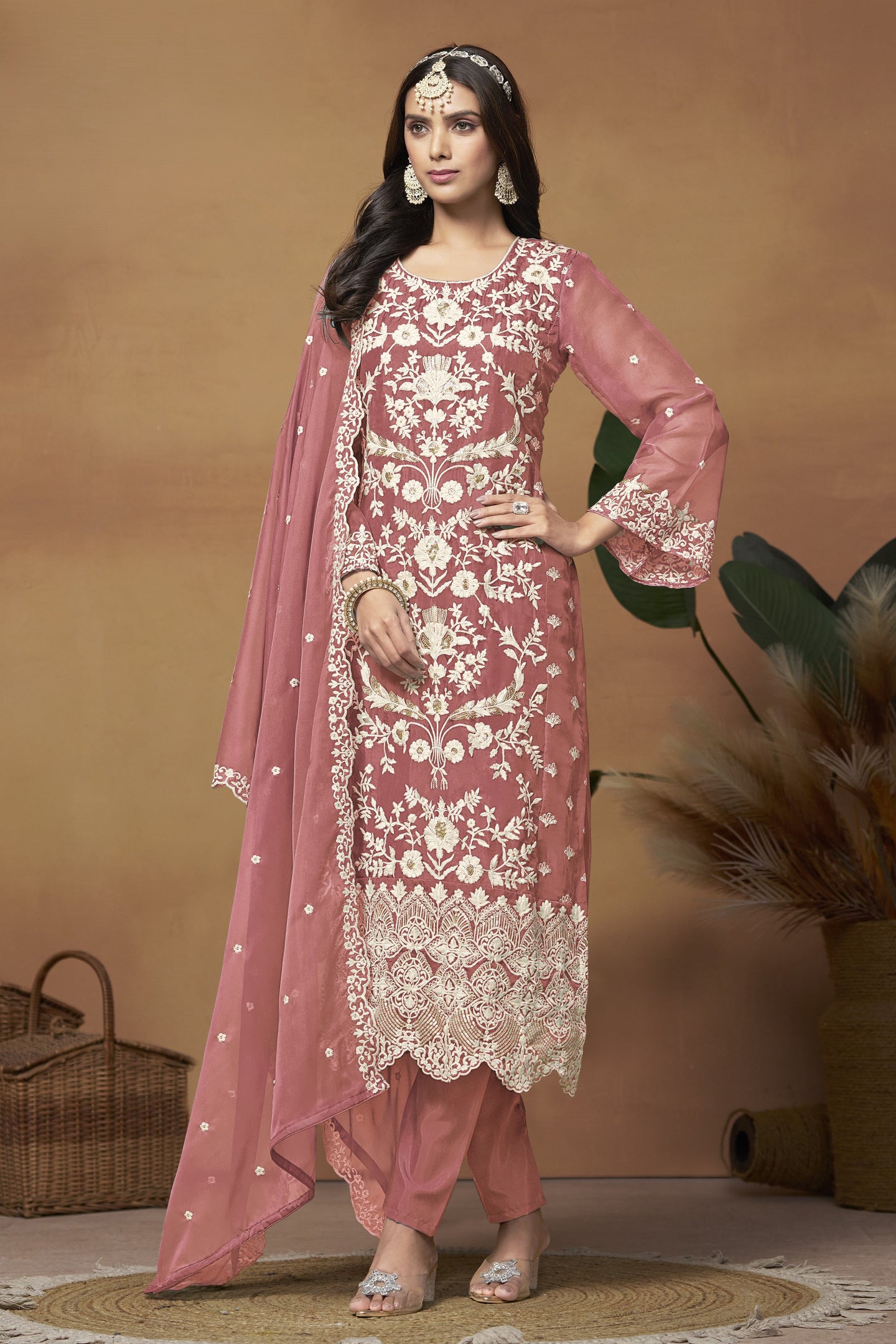 Dark Coral Organza Embroidered Pant Style Suit with Thread and Sequins Work