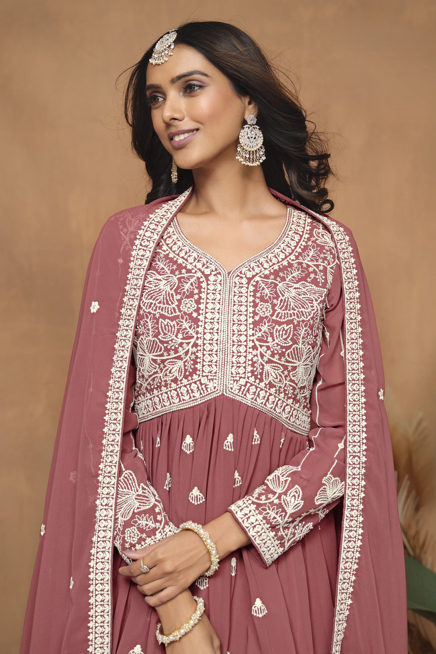 Dark Coral Georgette Light Sharara Suit with Thread Work