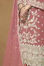 Dark Coral Organza Embroidered Pant Style Suit with Thread and Sequins Work