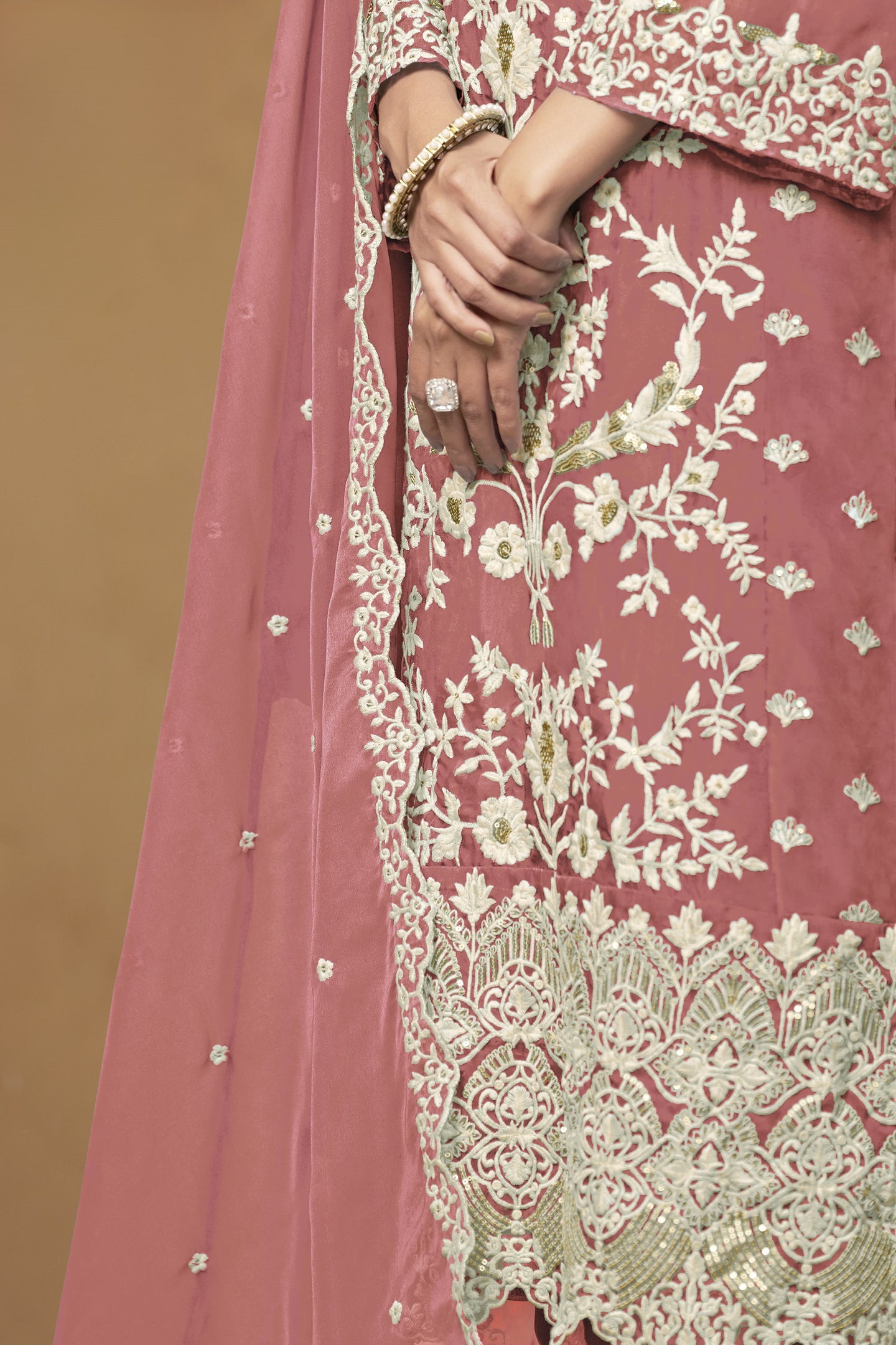 Dark Coral Organza Embroidered Pant Style Suit with Thread and Sequins Work