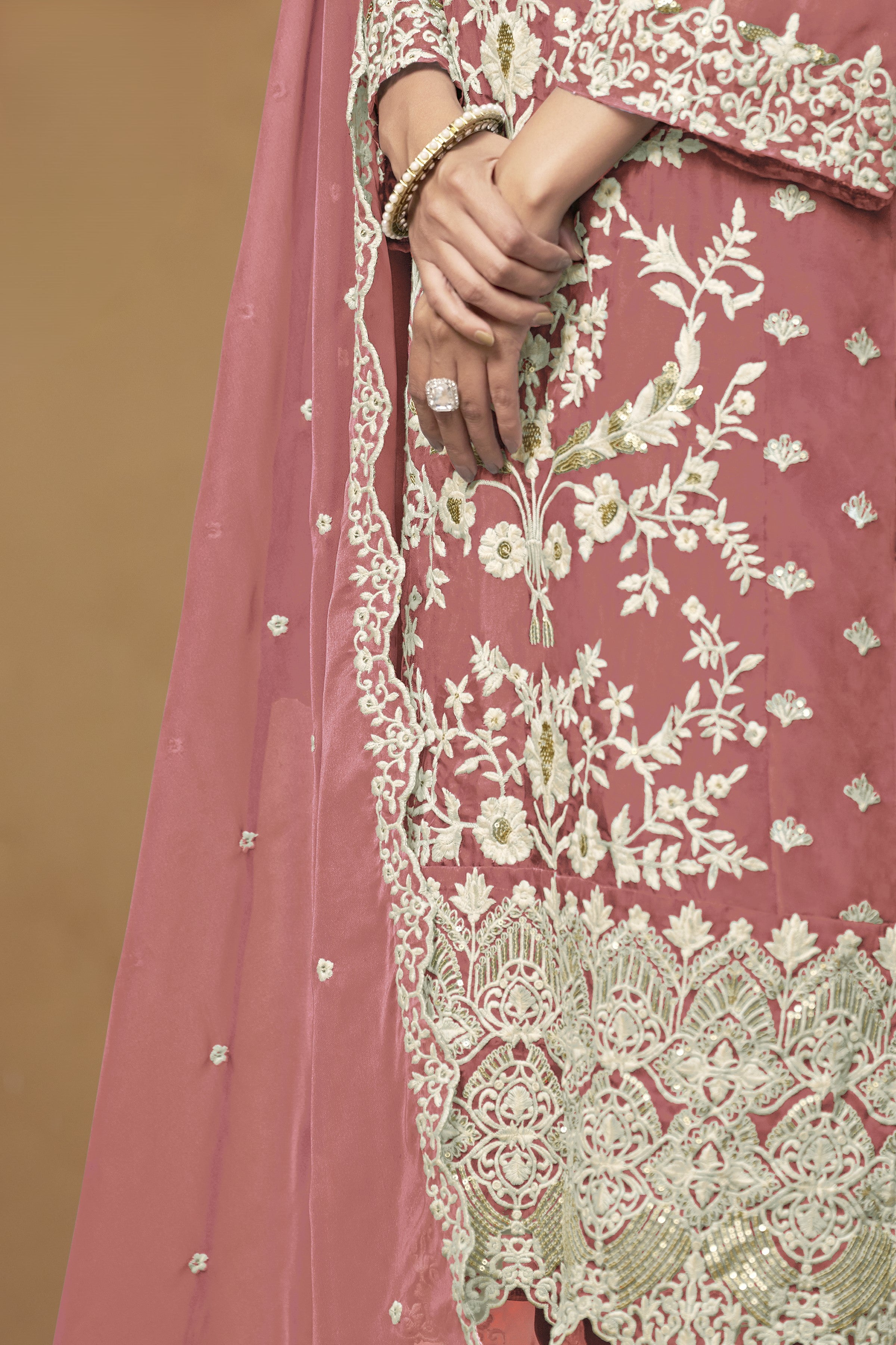 Dark Coral Organza Embroidered Pant Style Suit with Thread and Sequins Work