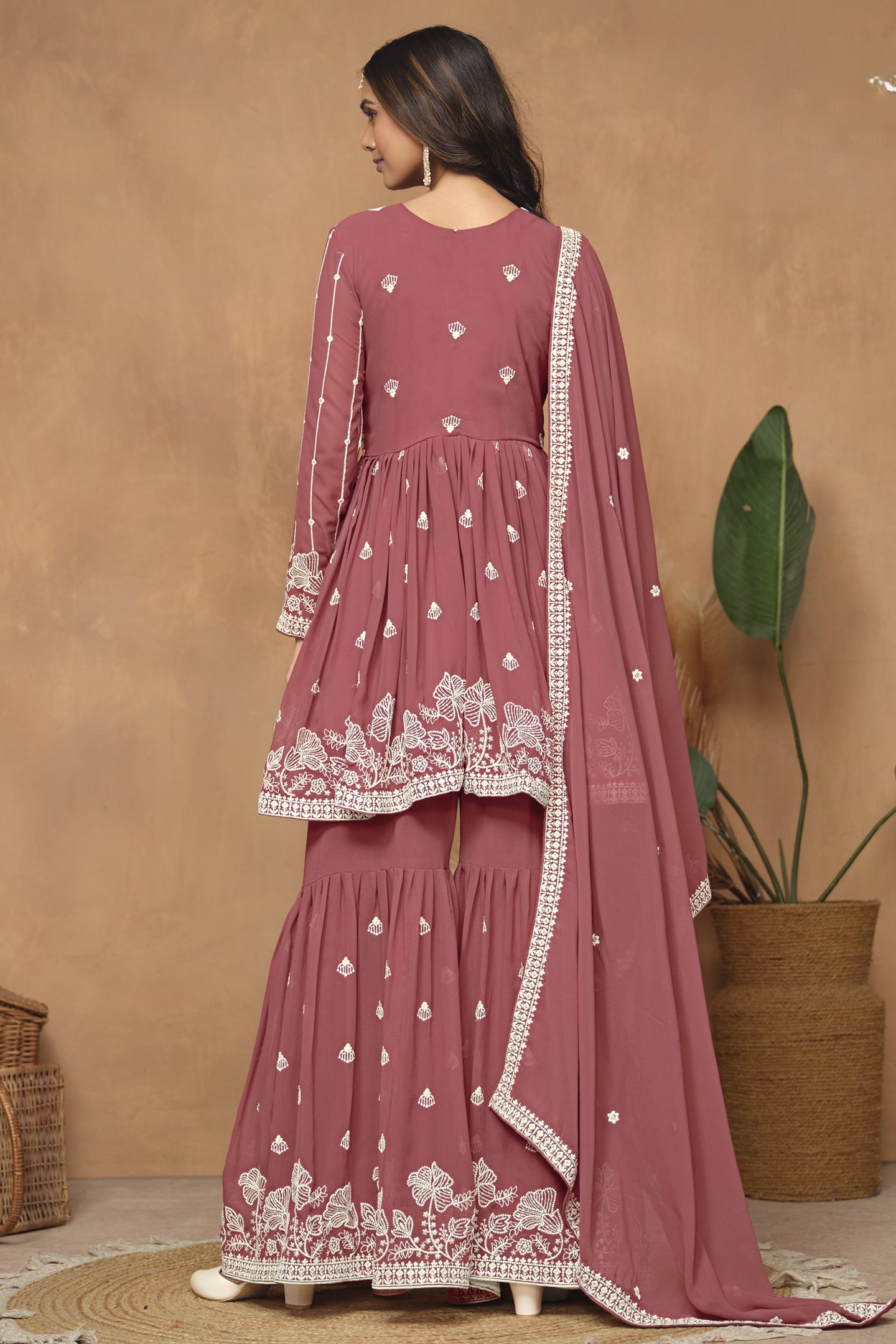 Dark Coral Georgette Light Sharara Suit with Thread Work