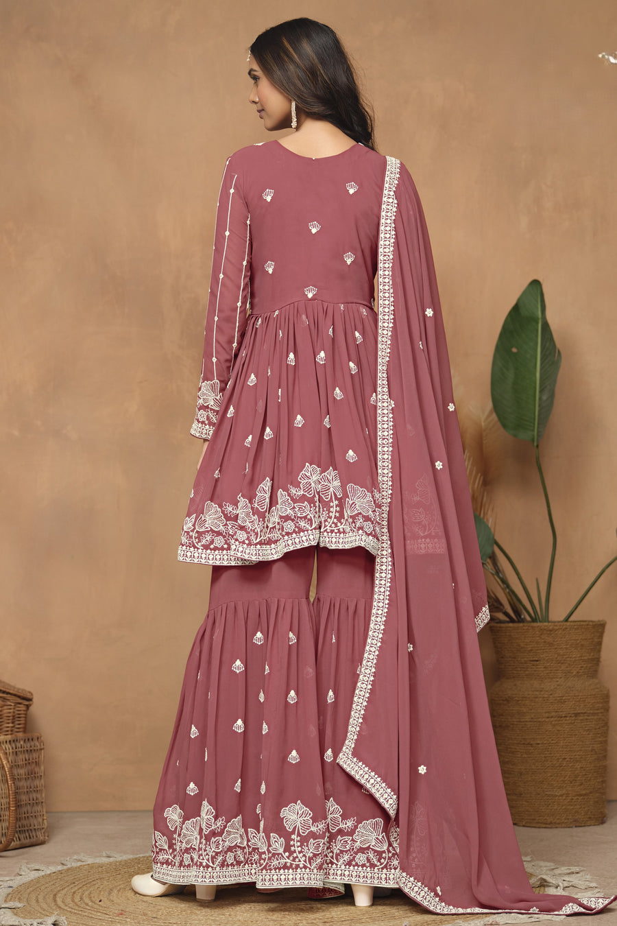 Dark Coral Georgette Light Sharara Suit with Thread Work
