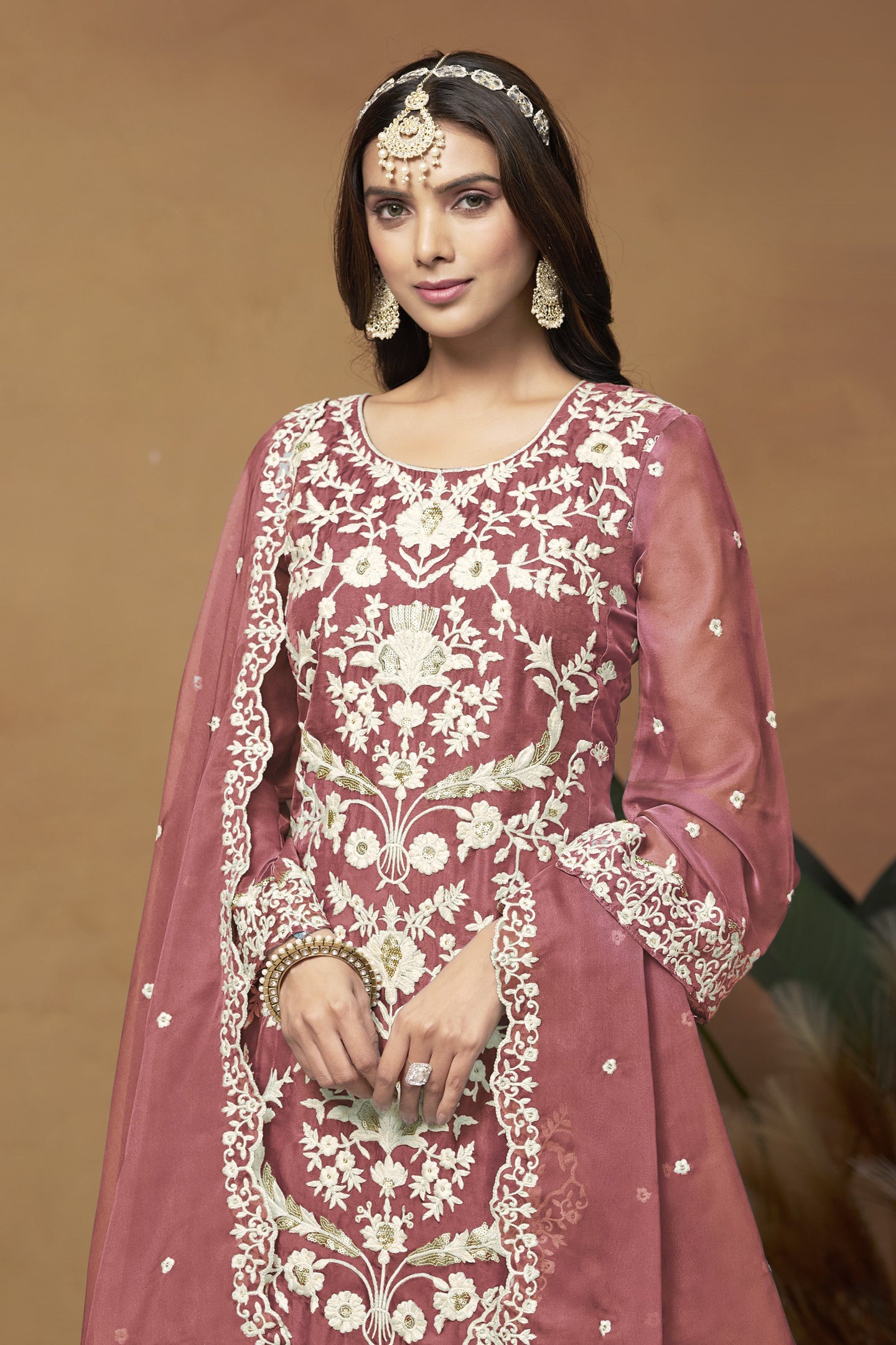 Dark Coral Organza Embroidered Pant Style Suit with Thread and Sequins Work