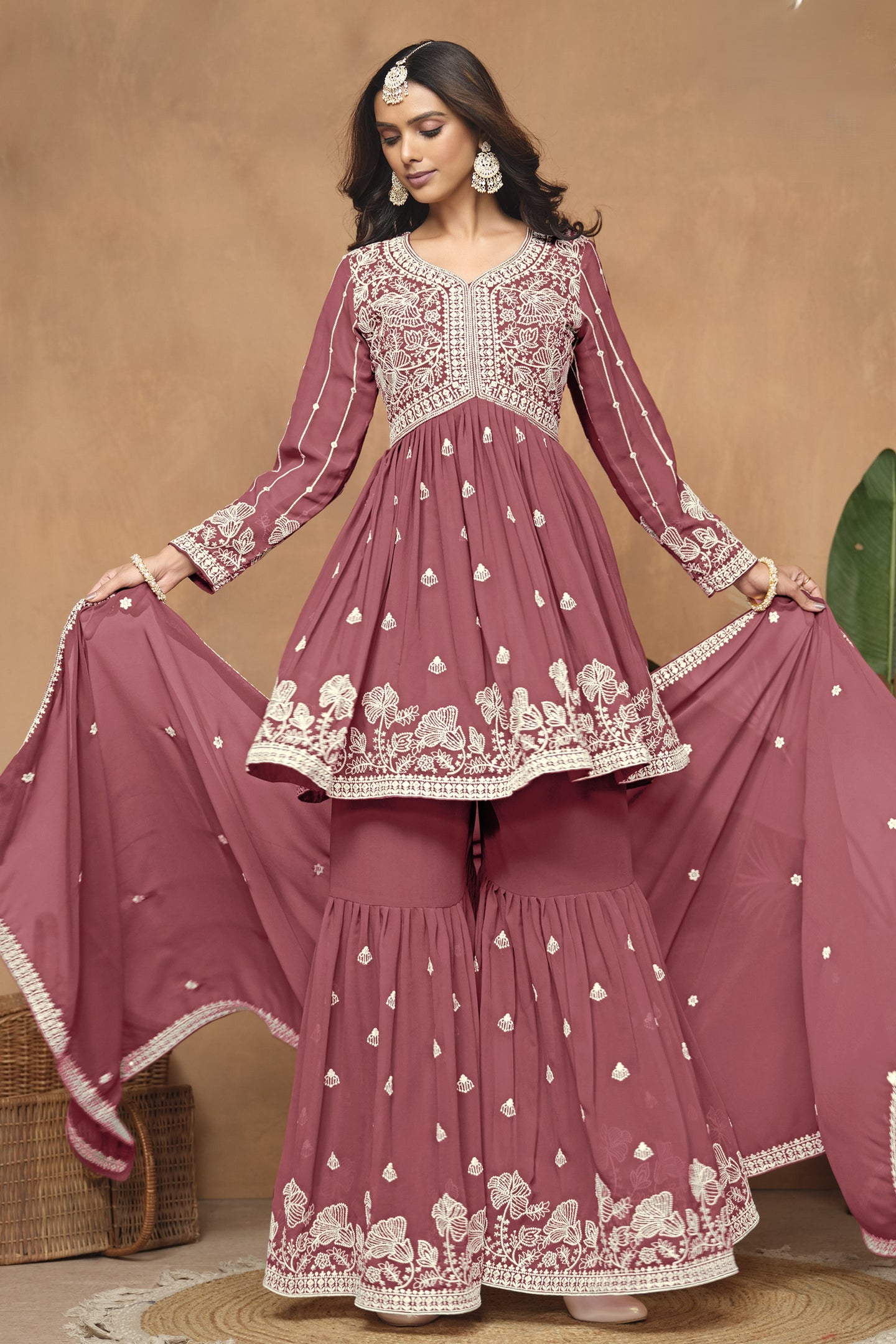 Dark Coral Georgette Light Sharara Suit with Thread Work