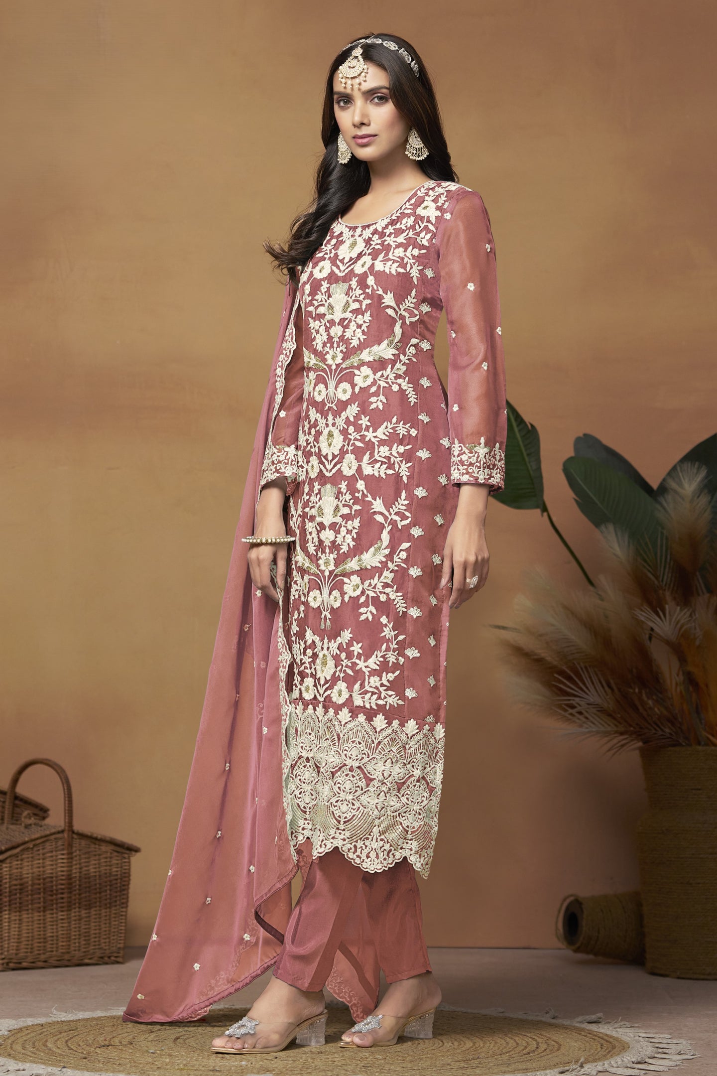 Dark Coral Organza Embroidered Pant Style Suit with Thread and Sequins Work