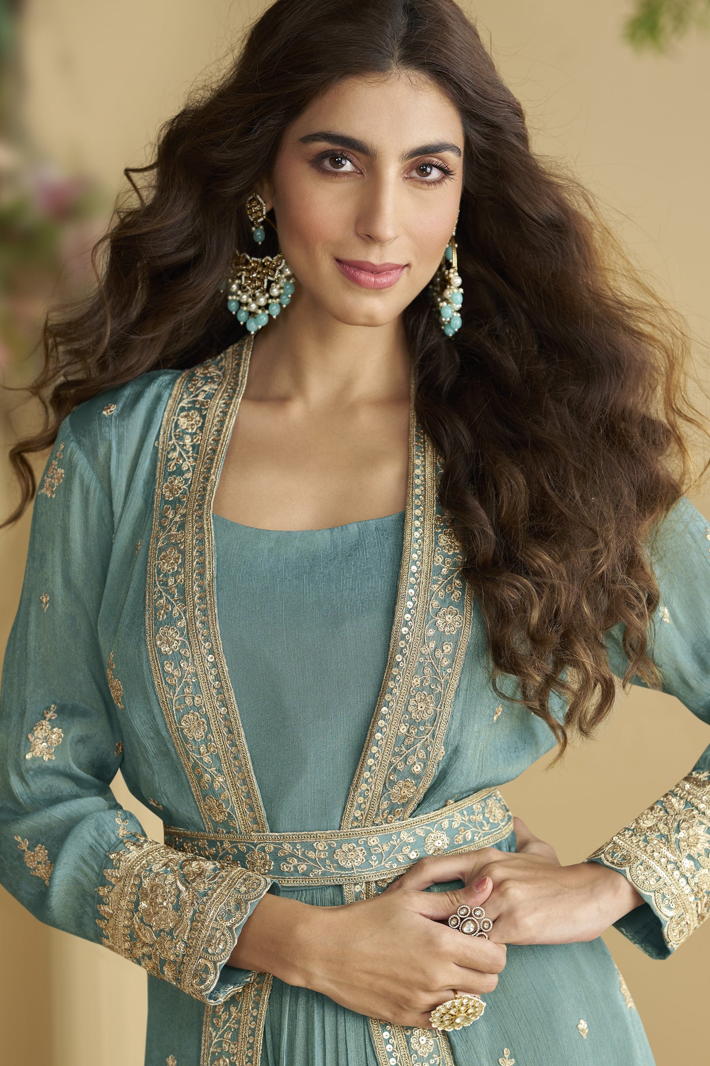 Dark Firozi Chinon Silk Anarkali Wear with Jacket