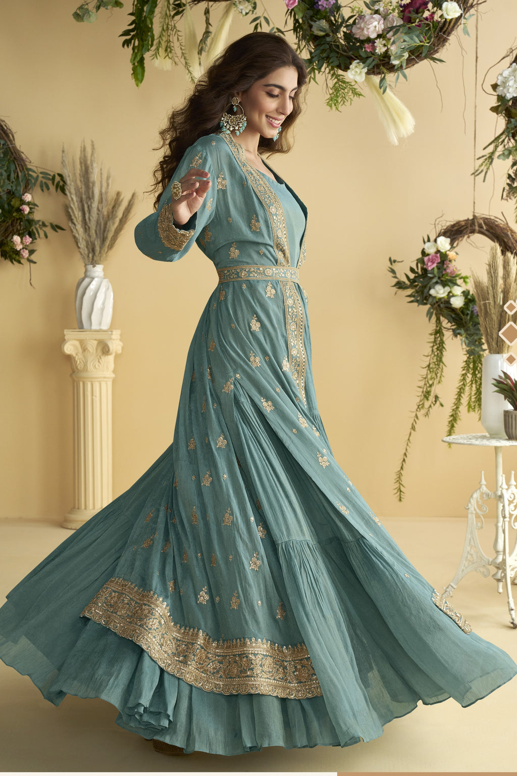 Dark Firozi Chinon Silk Anarkali Wear with Jacket