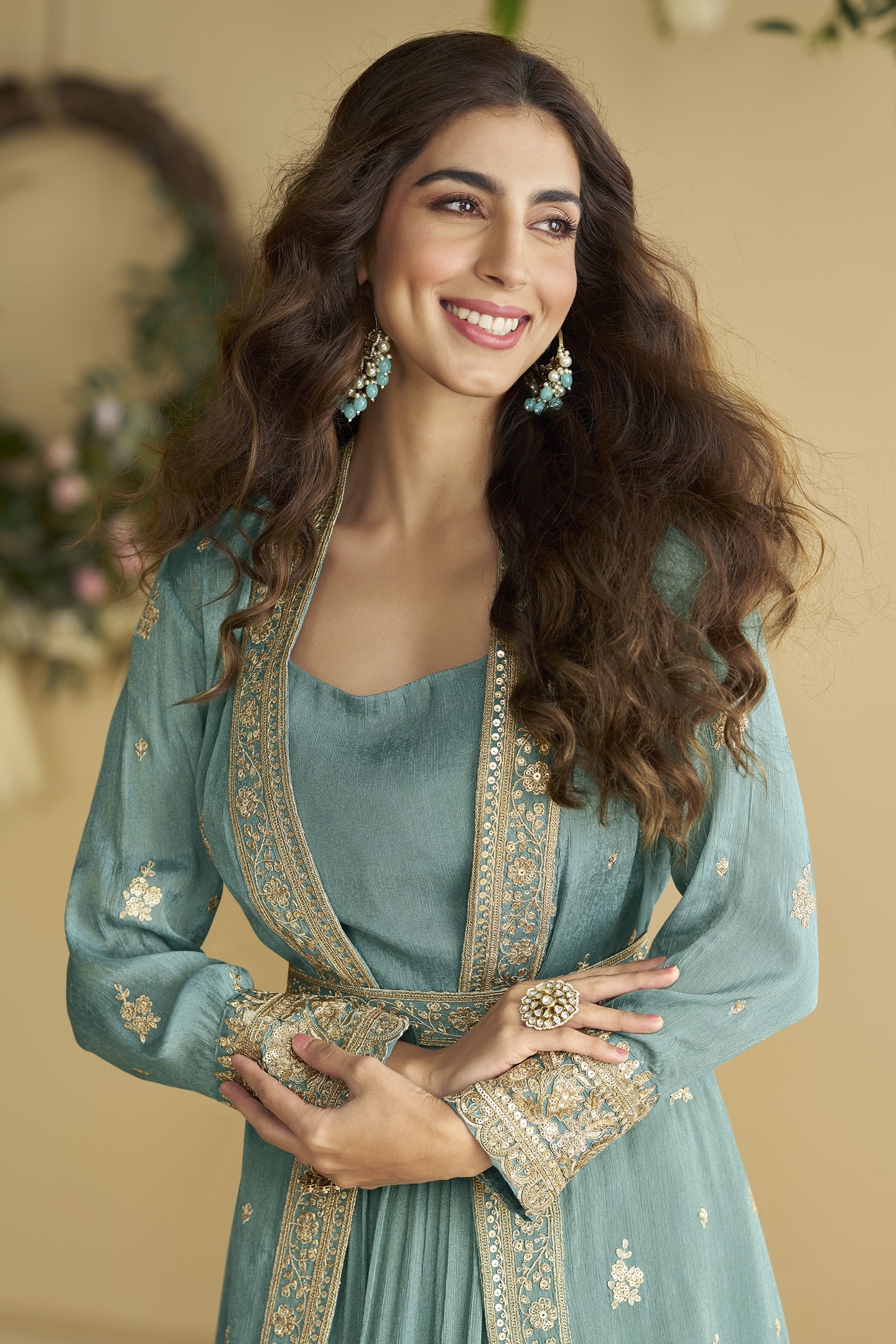 Dark Firozi Chinon Silk Anarkali Wear with Jacket