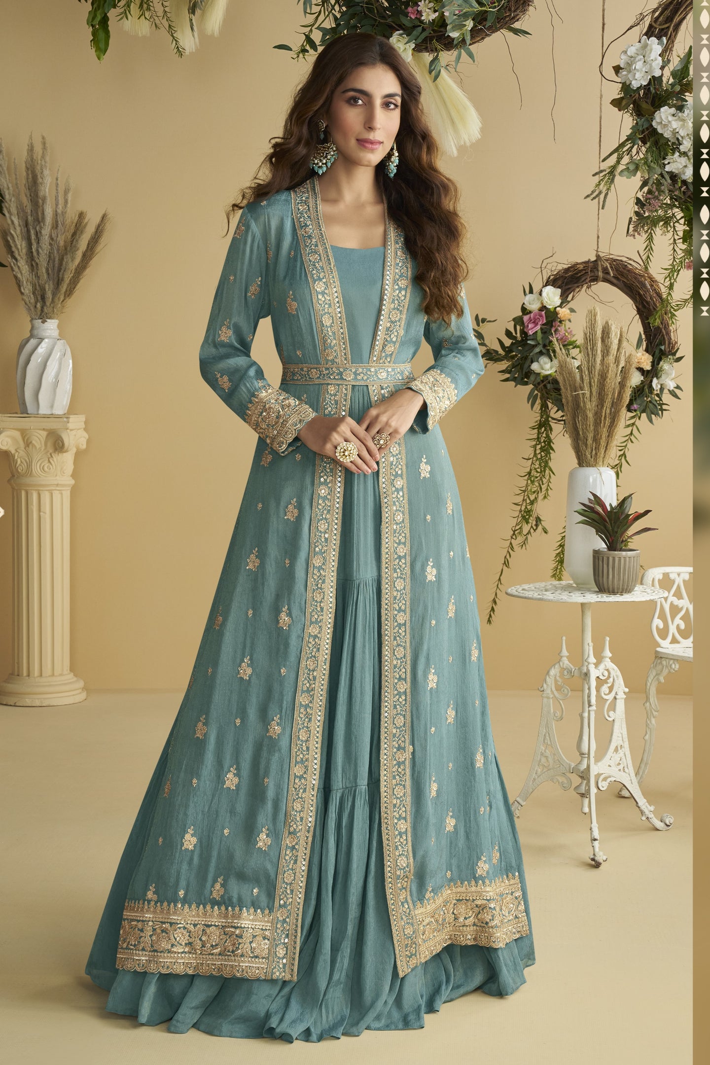 Dark Firozi Chinon Silk Anarkali Wear with Jacket