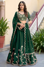 Dark Green Rangoli Silk Wedding Lengha for Women with Zari and Sequins Work