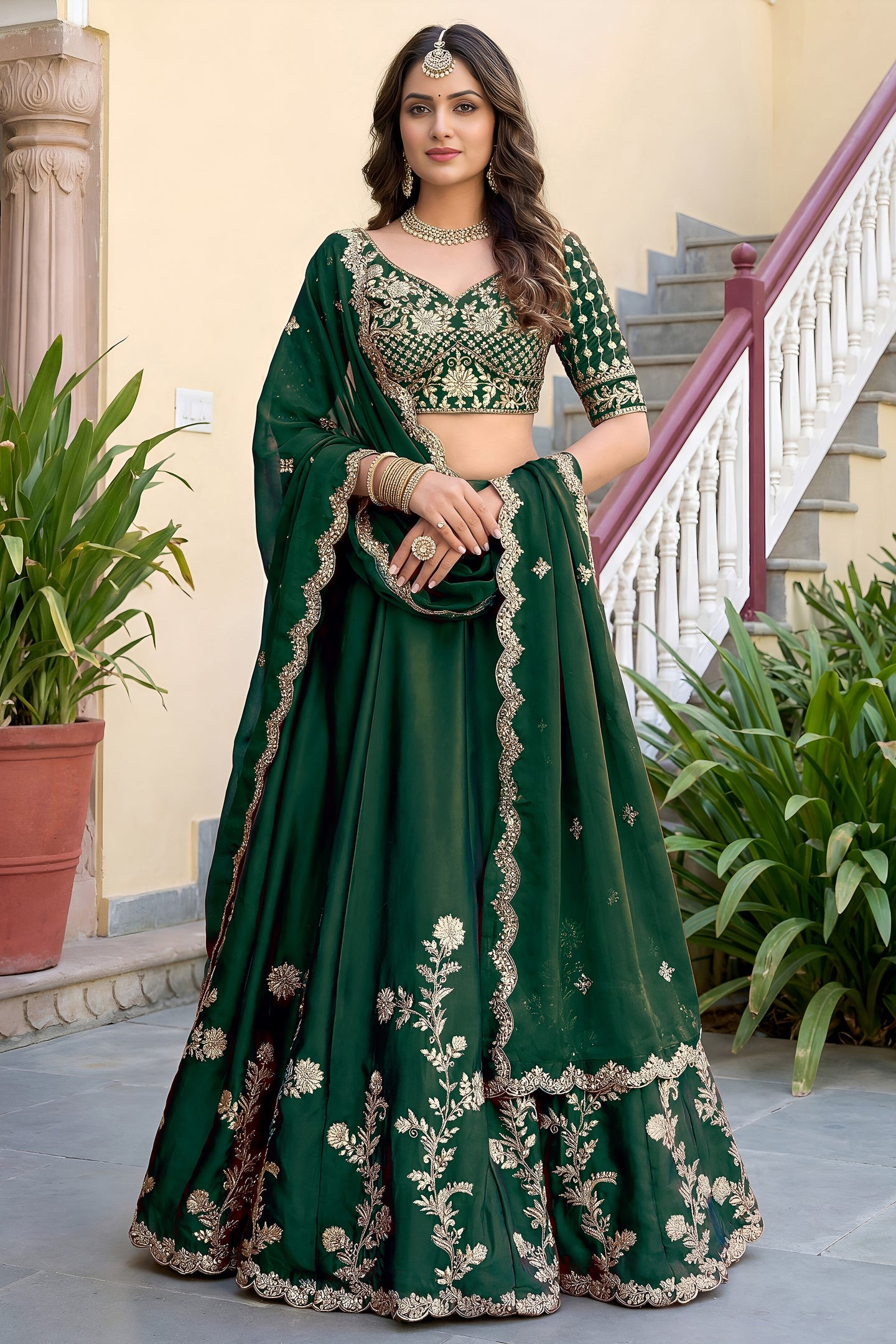 Dark Green Rangoli Silk Wedding Lengha for Women with Zari and Sequins Work