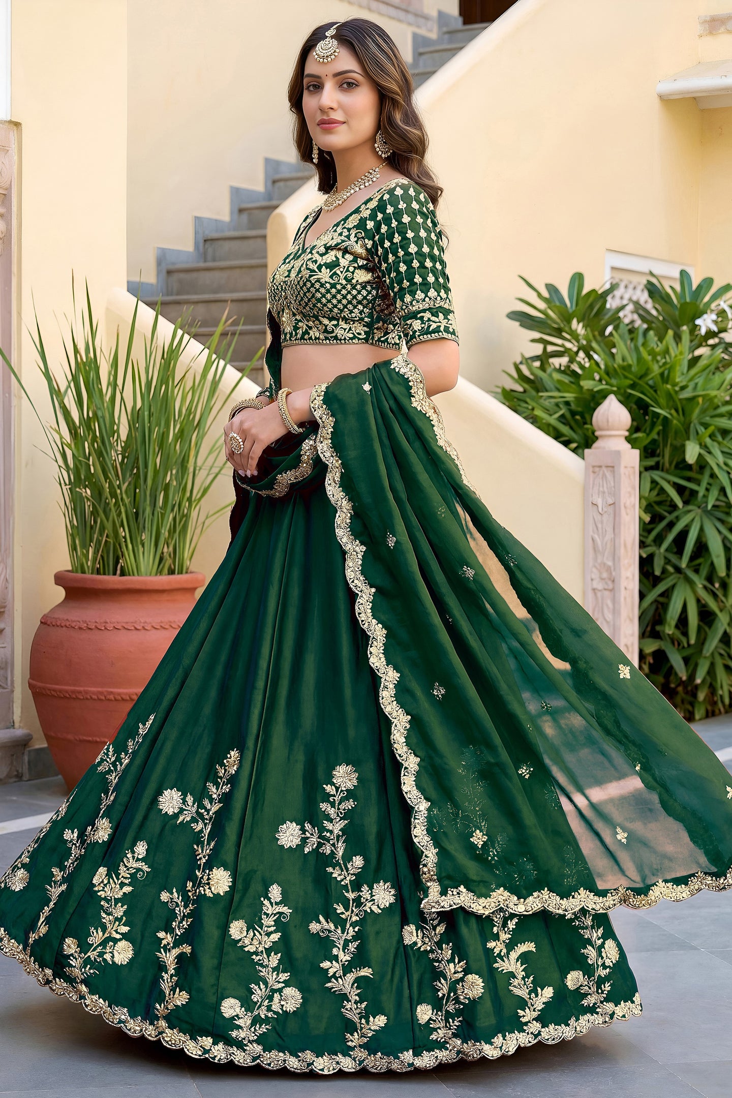 Dark Green Rangoli Silk Wedding Lengha for Women with Zari and Sequins Work