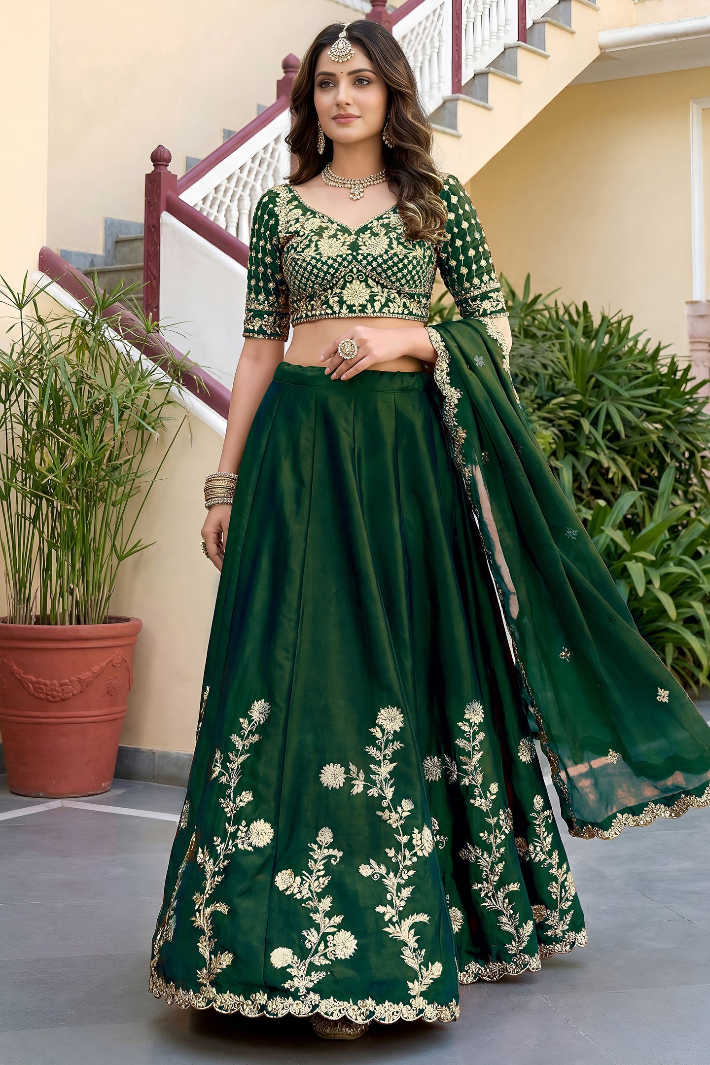 Dark Green Rangoli Silk Wedding Lengha for Women with Zari and Sequins Work