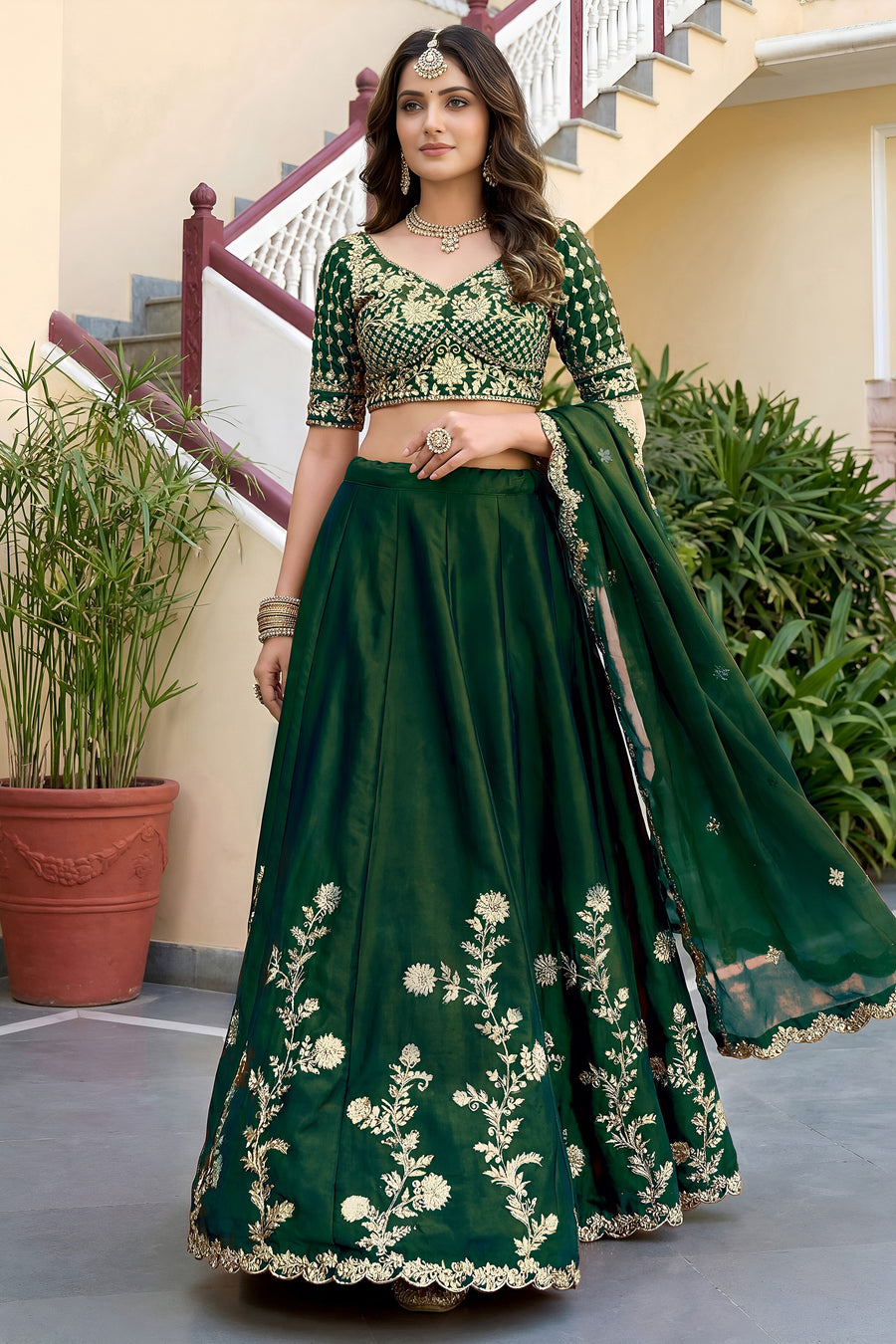 Dark Green Rangoli Silk Wedding Lengha for Women with Zari and Sequins Work