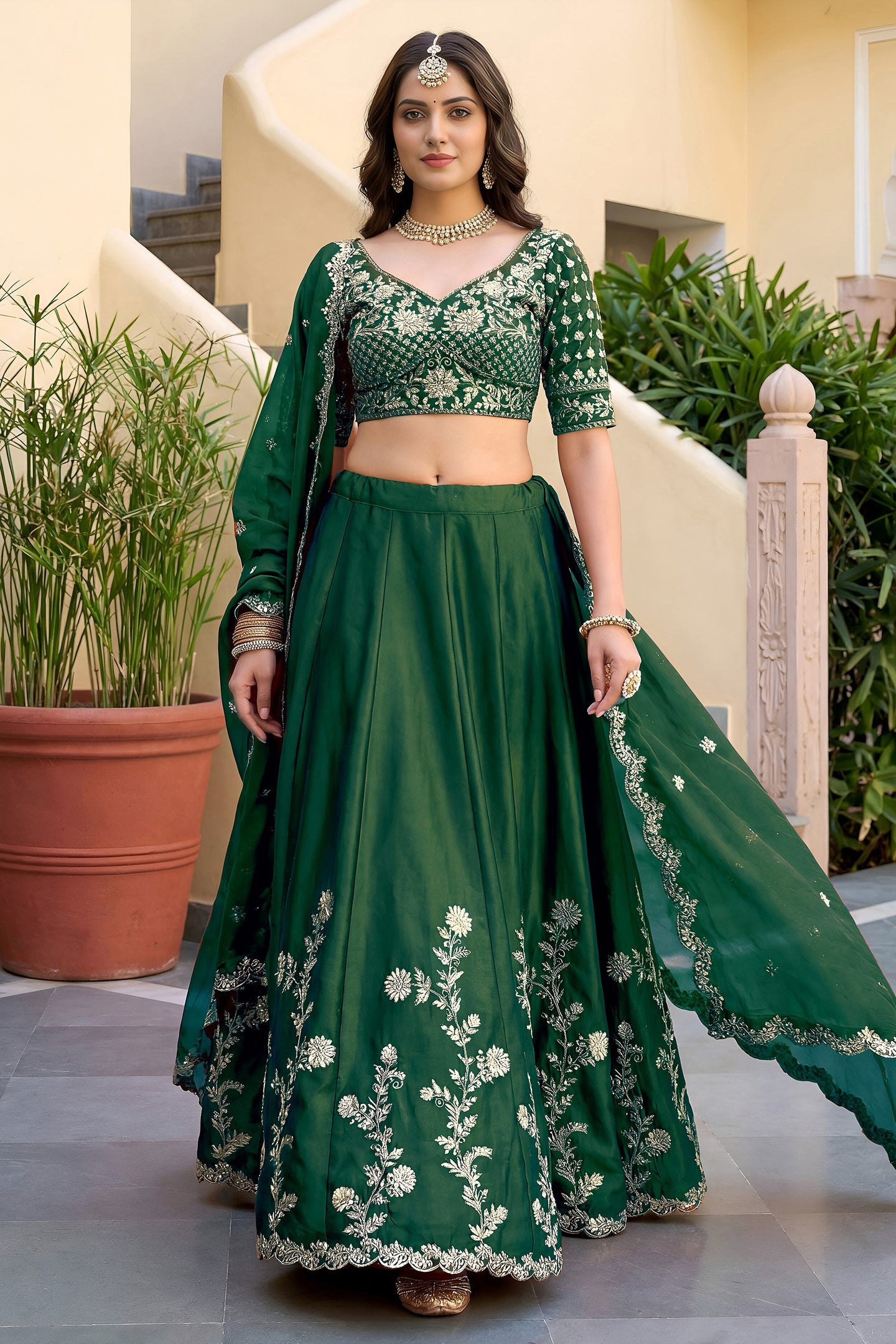 Dark Green Rangoli Silk Wedding Lengha for Women with Zari and Sequins Work