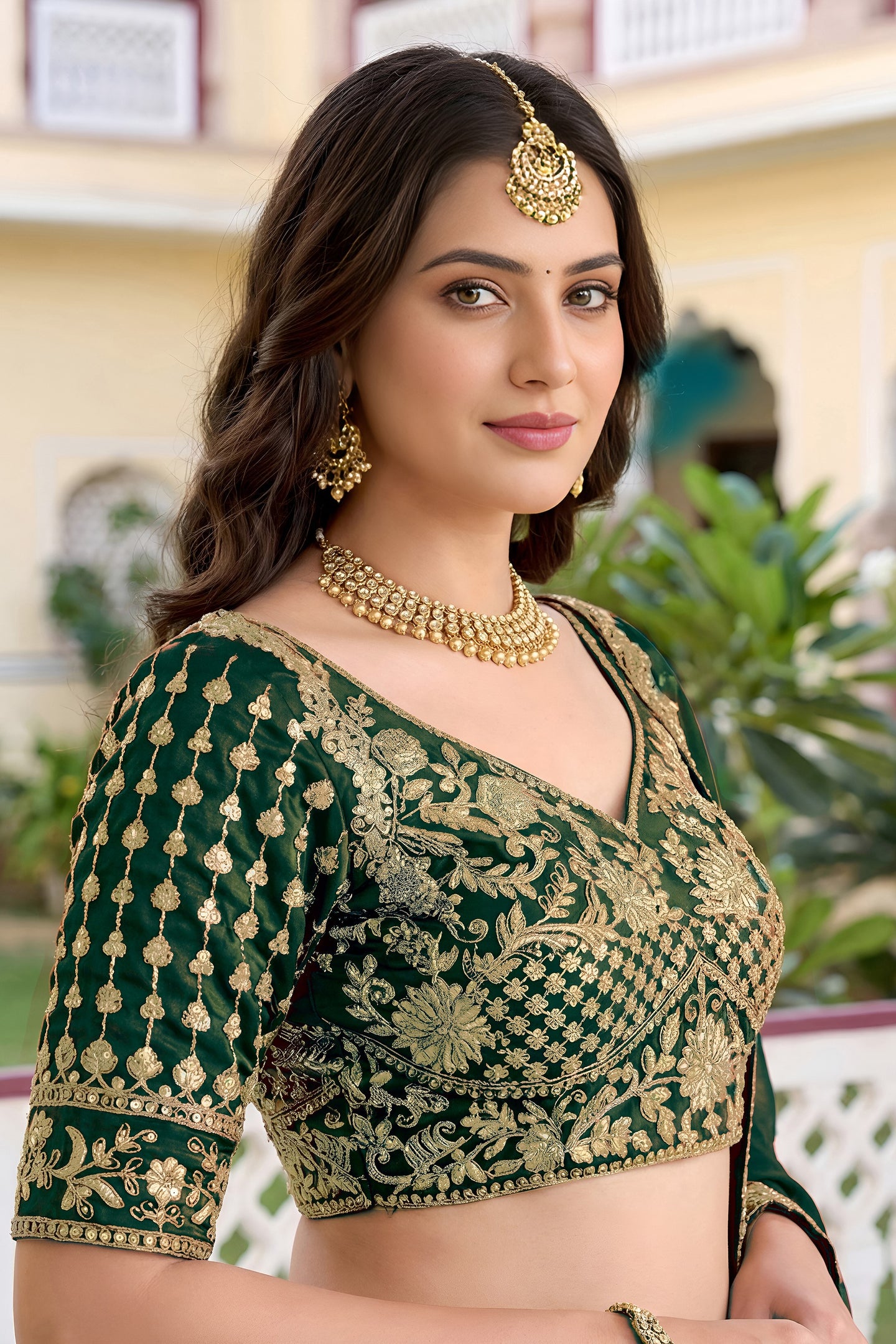 Dark Green Rangoli Silk Wedding Lengha for Women with Zari and Sequins Work
