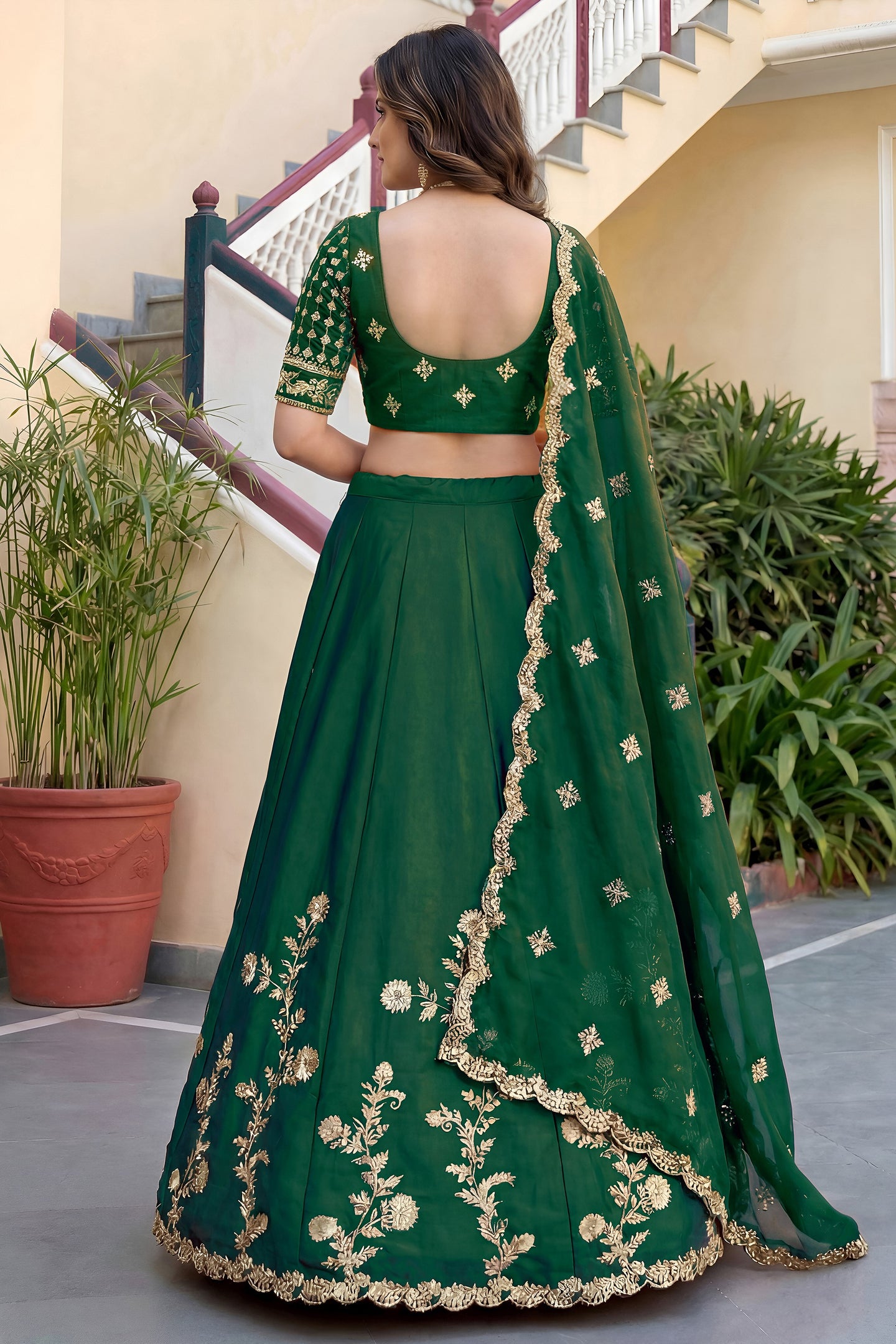 Dark Green Rangoli Silk Wedding Lengha for Women with Zari and Sequins Work