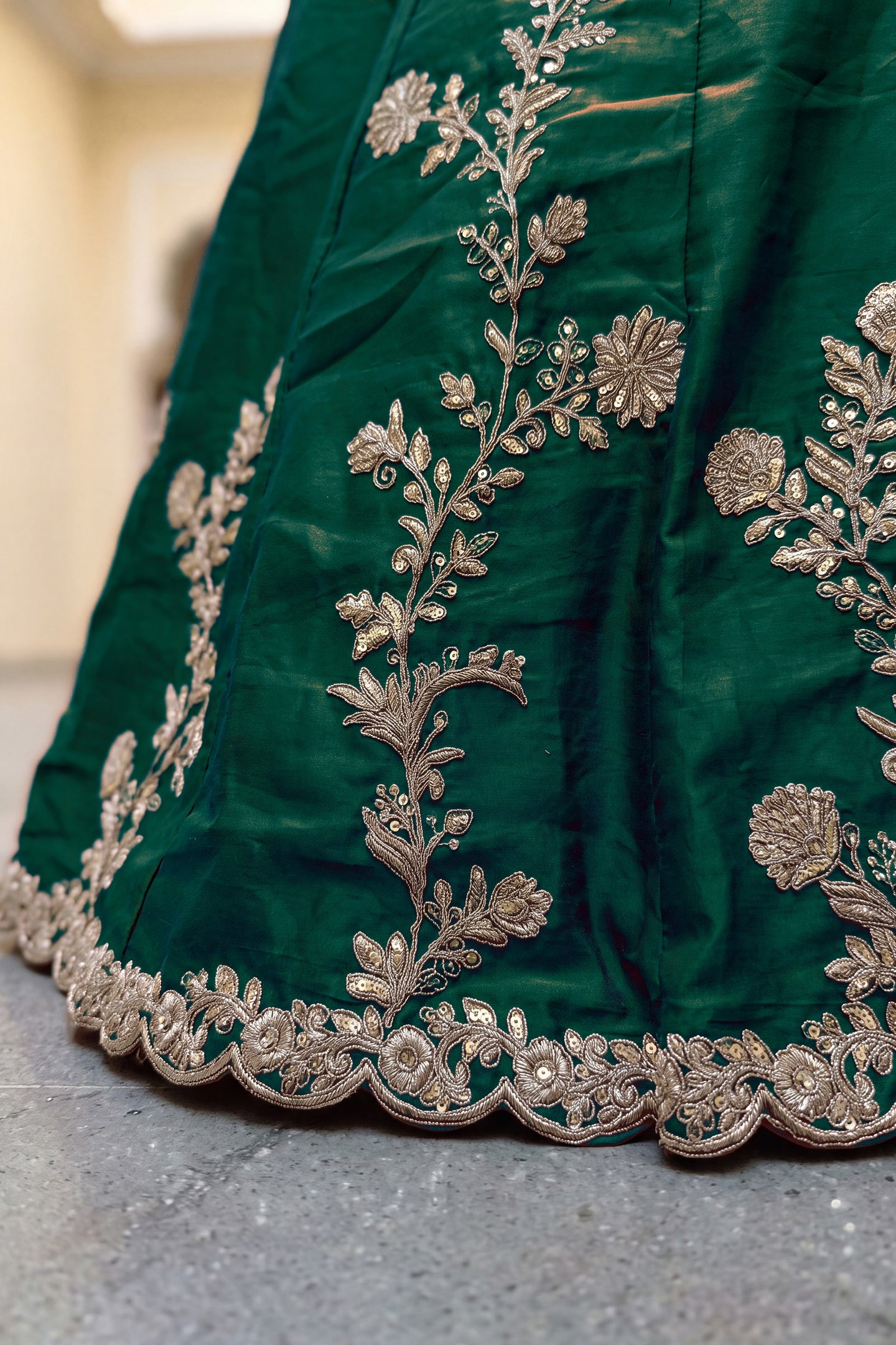 Dark Green Rangoli Silk Wedding Lengha for Women with Zari and Sequins Work