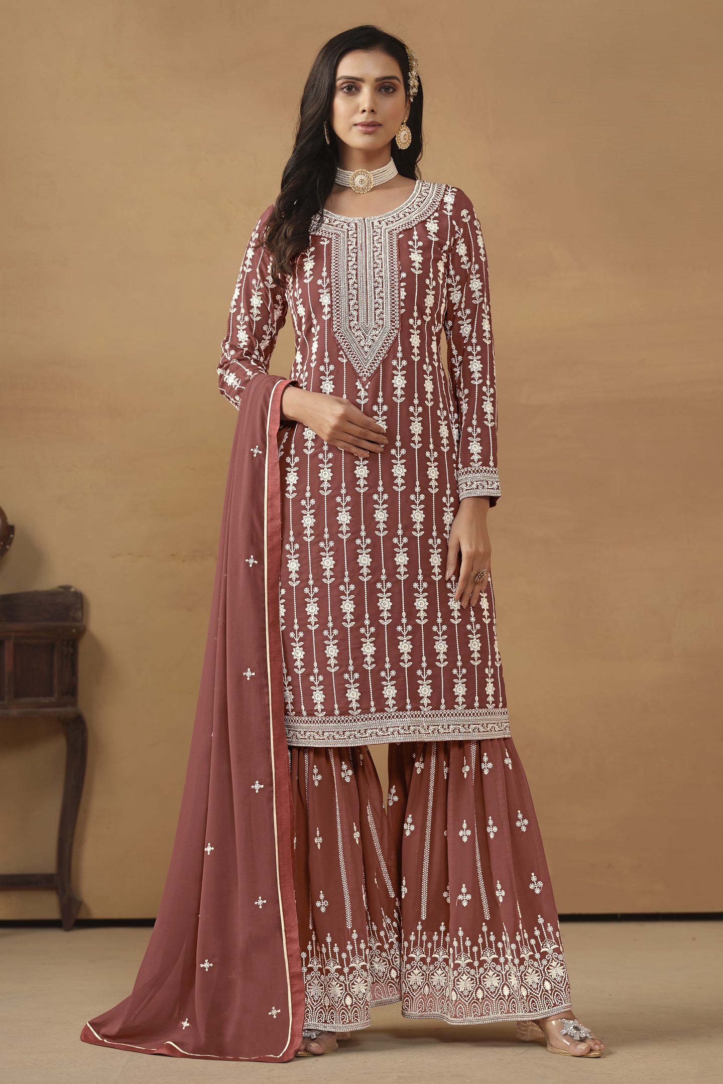 Dark Orange Georgette Thread Work Pakistani Sharara Suits for Wedding