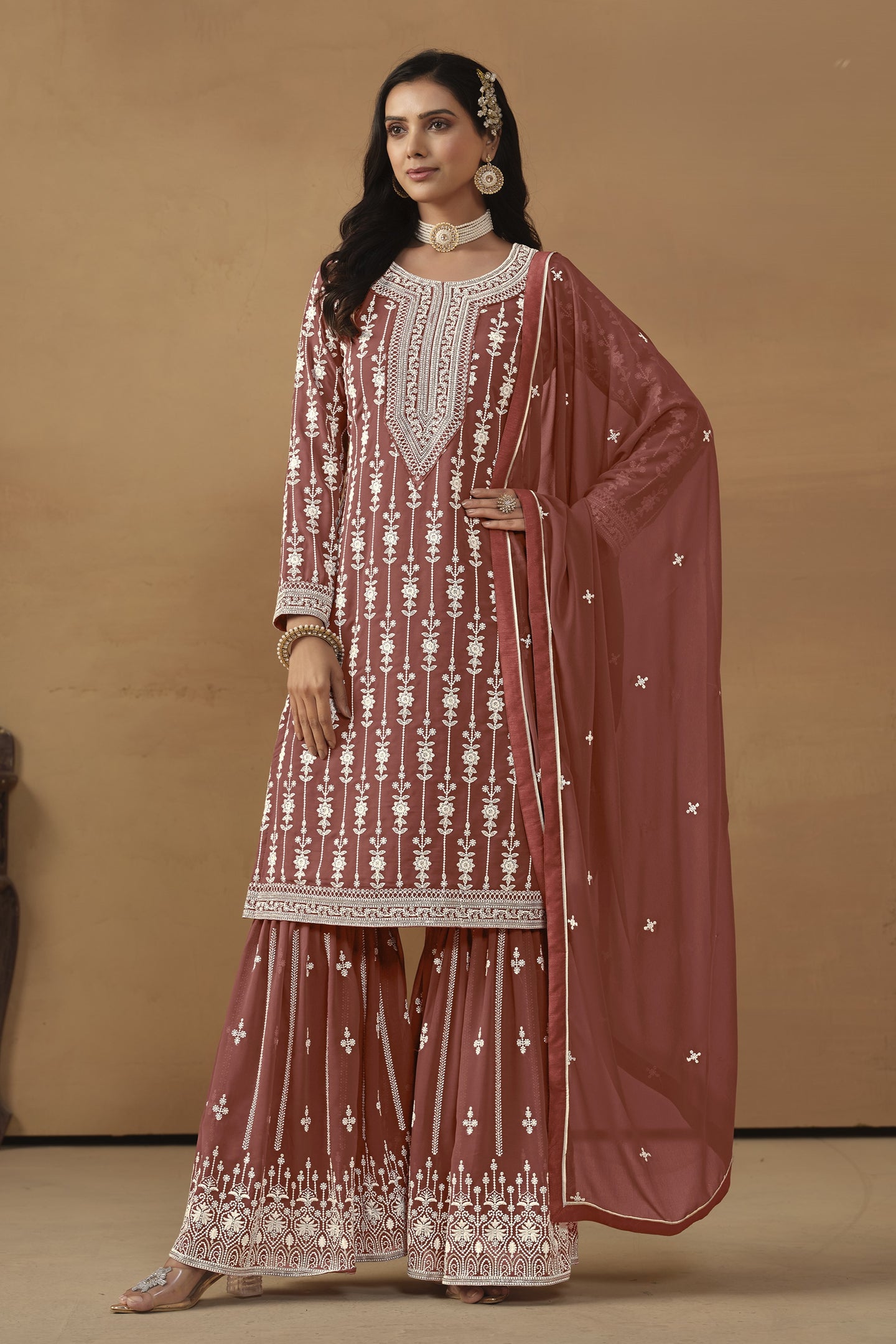 Dark Orange Georgette Thread Work Pakistani Sharara Suits for Wedding