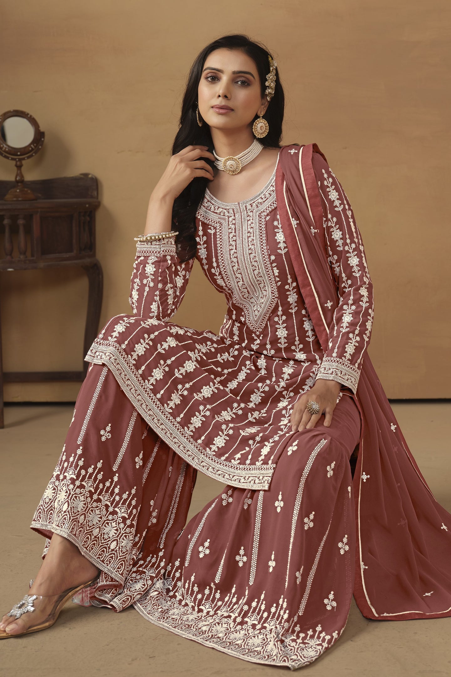 Dark Orange Georgette Thread Work Pakistani Sharara Suits for Wedding