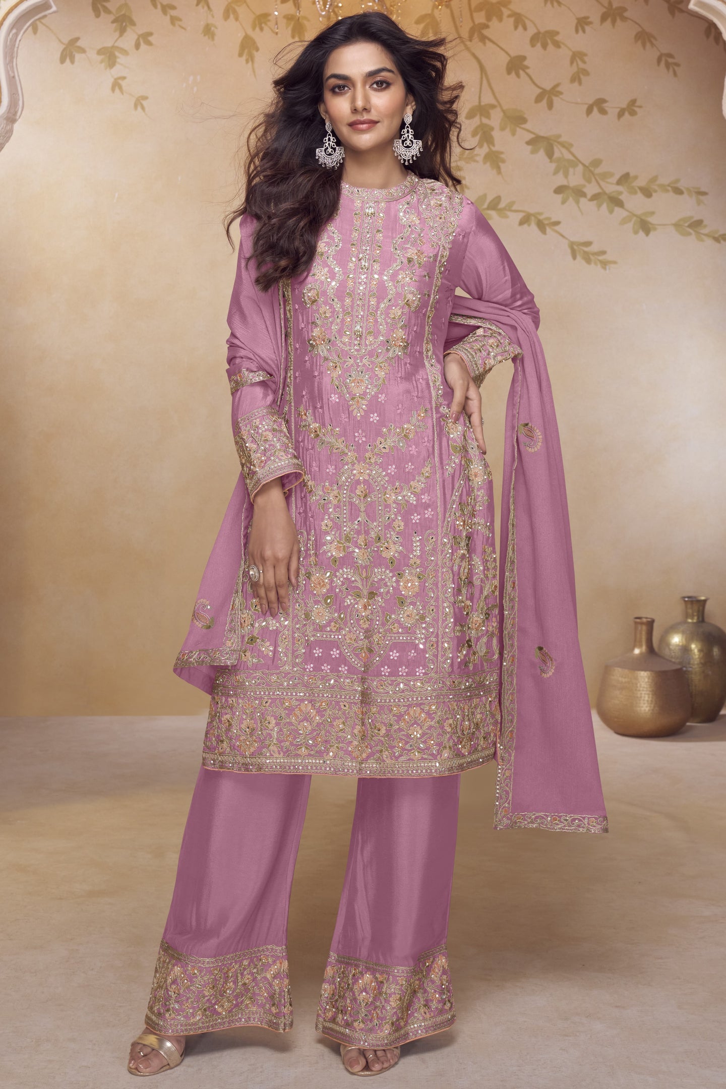 Festival Wear Dark Pink Chinon Silk Kameez with Palazo in Embroidery & Mirror Work