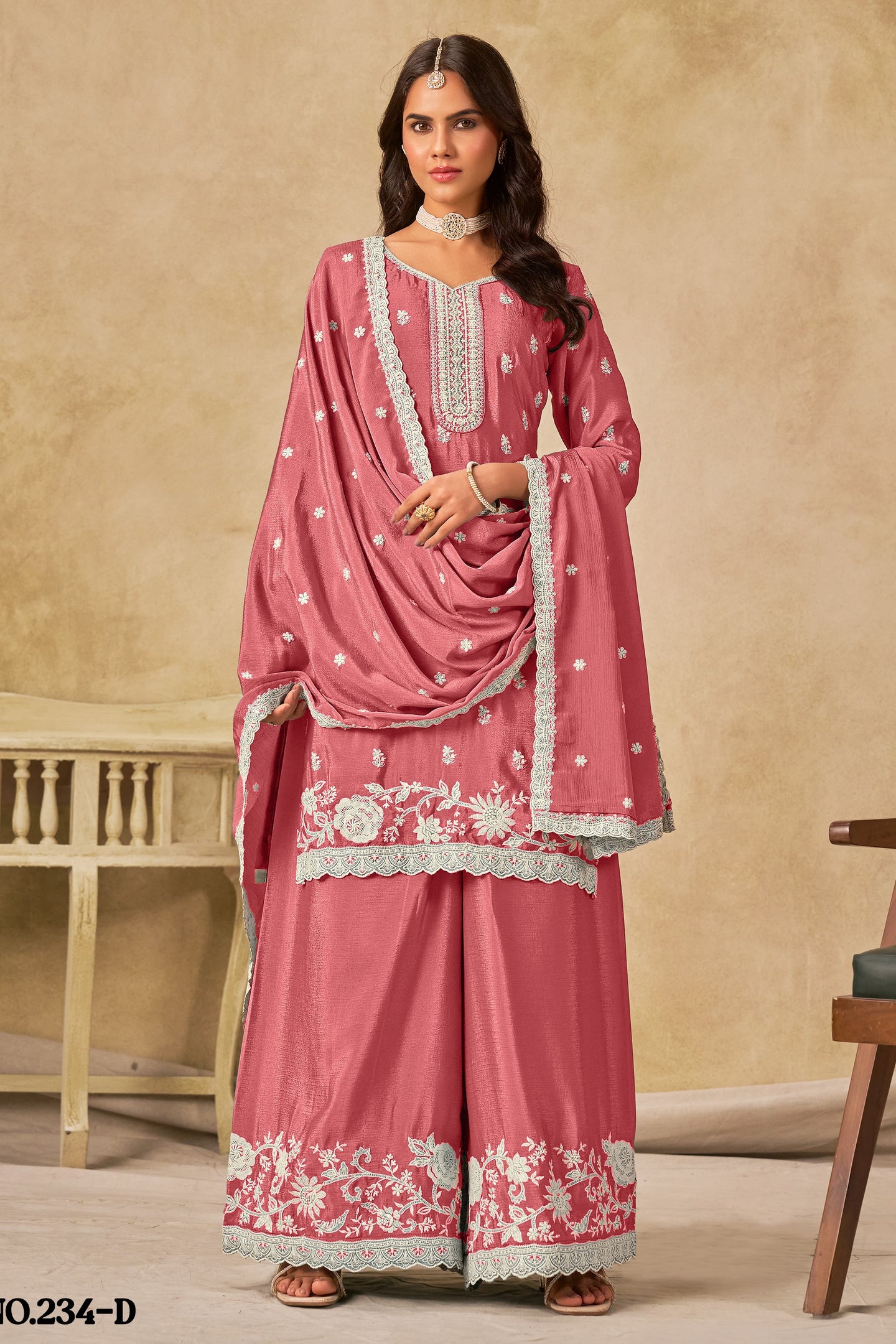 Dark Pink Chinon Silk Wedding Plazo Dress for Women with Embroidery