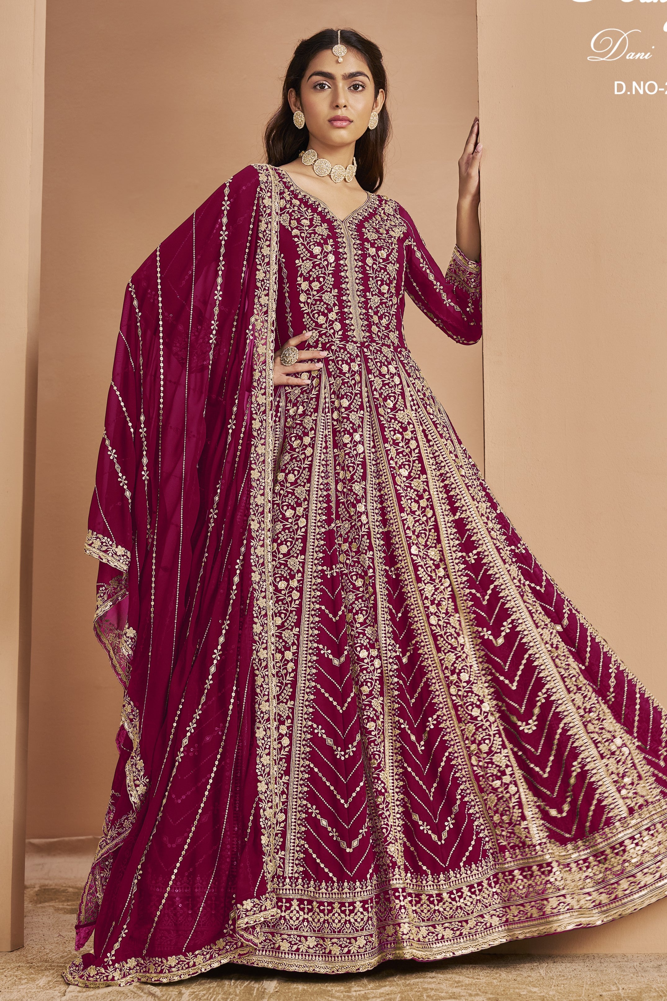 Dark Pink Georgette Anarkali Dress for Reception with Thread and Sequins Embroidery