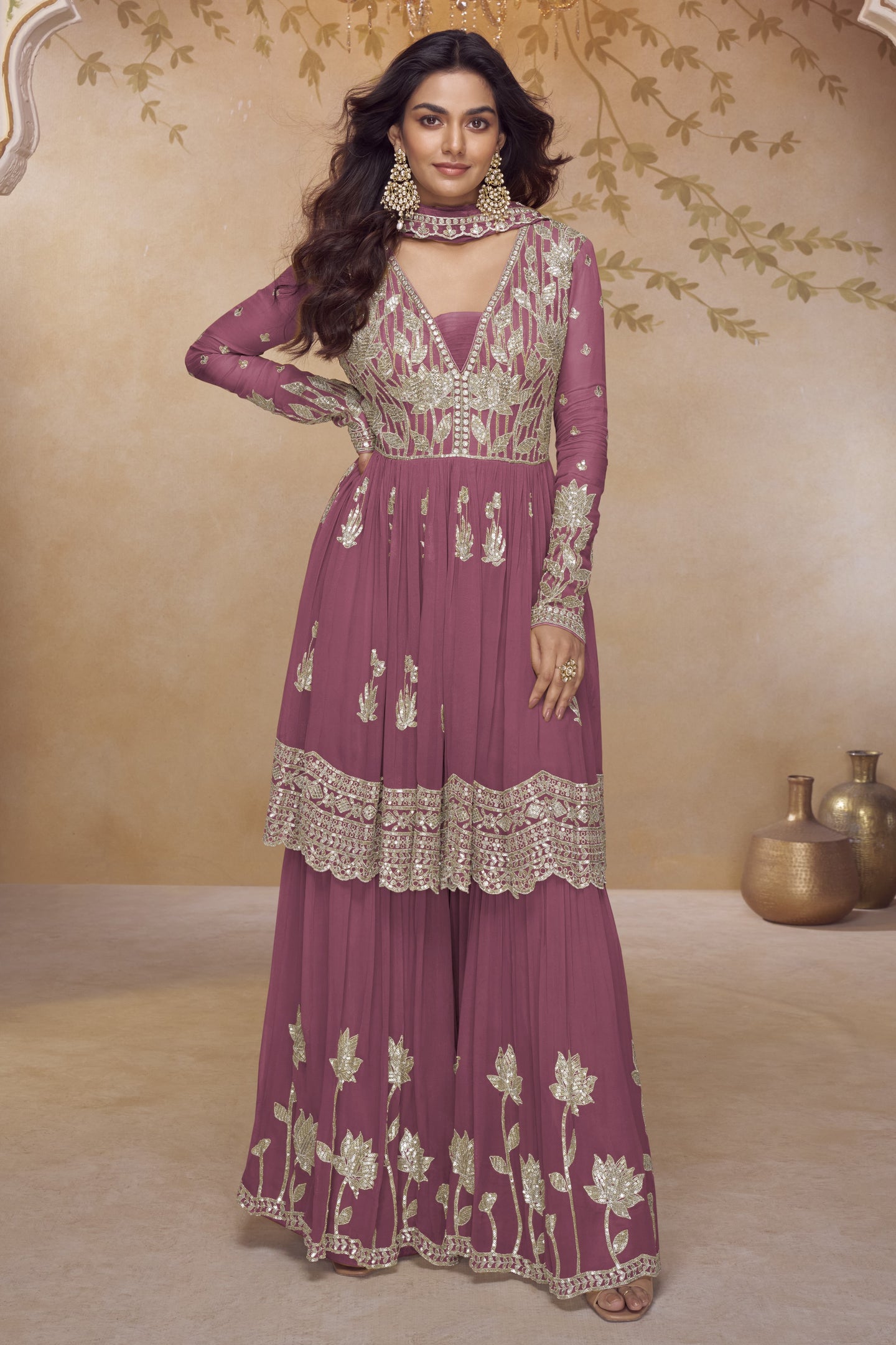 Dark Pink Chinon Silk Latest Plazo Design for Wedding with Sequins Work