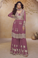 Burgundy Latest Plazo Design for Wedding with Embroidered Chinon Silk