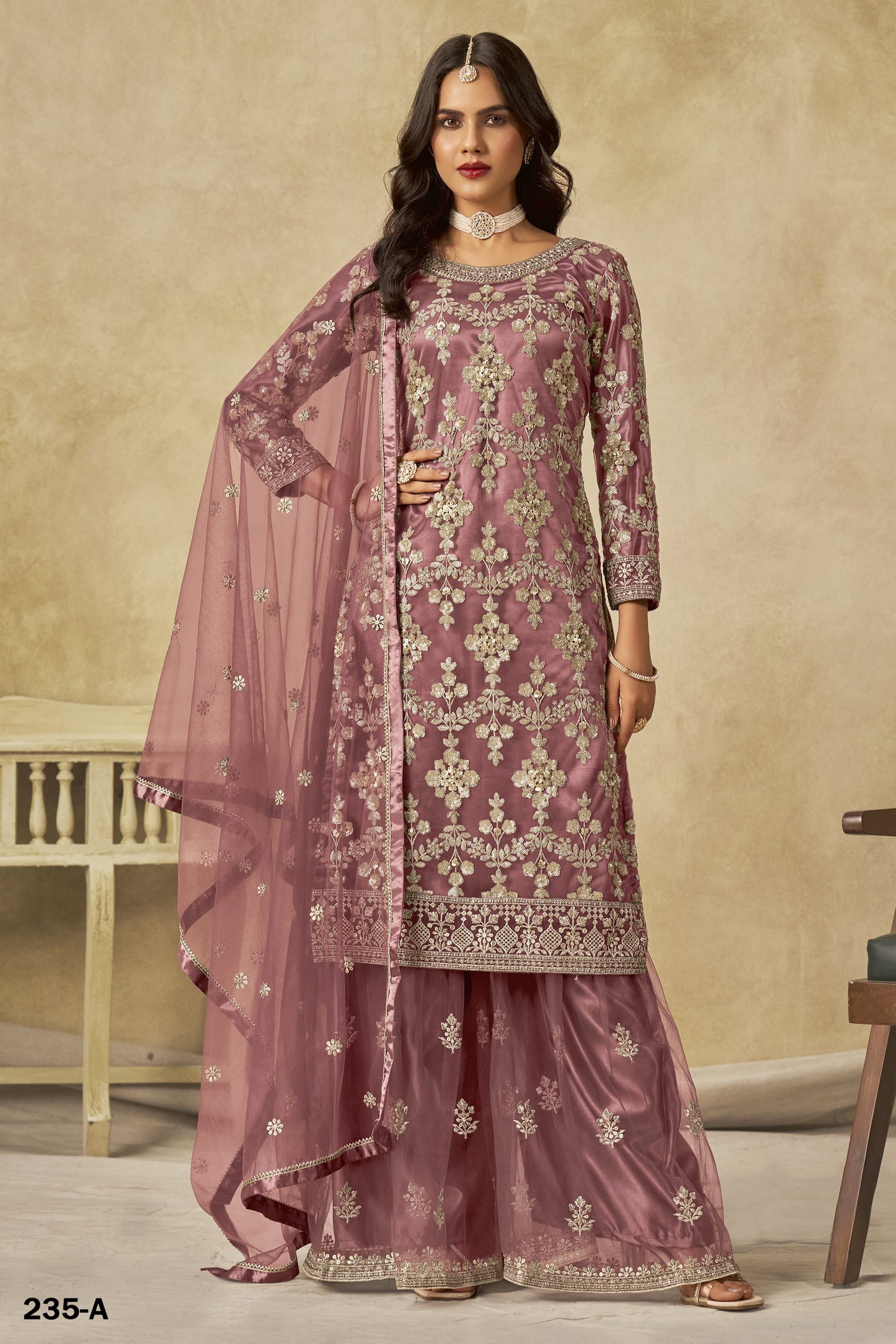 Dark Pink Net Plazo Suit Design for Wedding with Embroidery